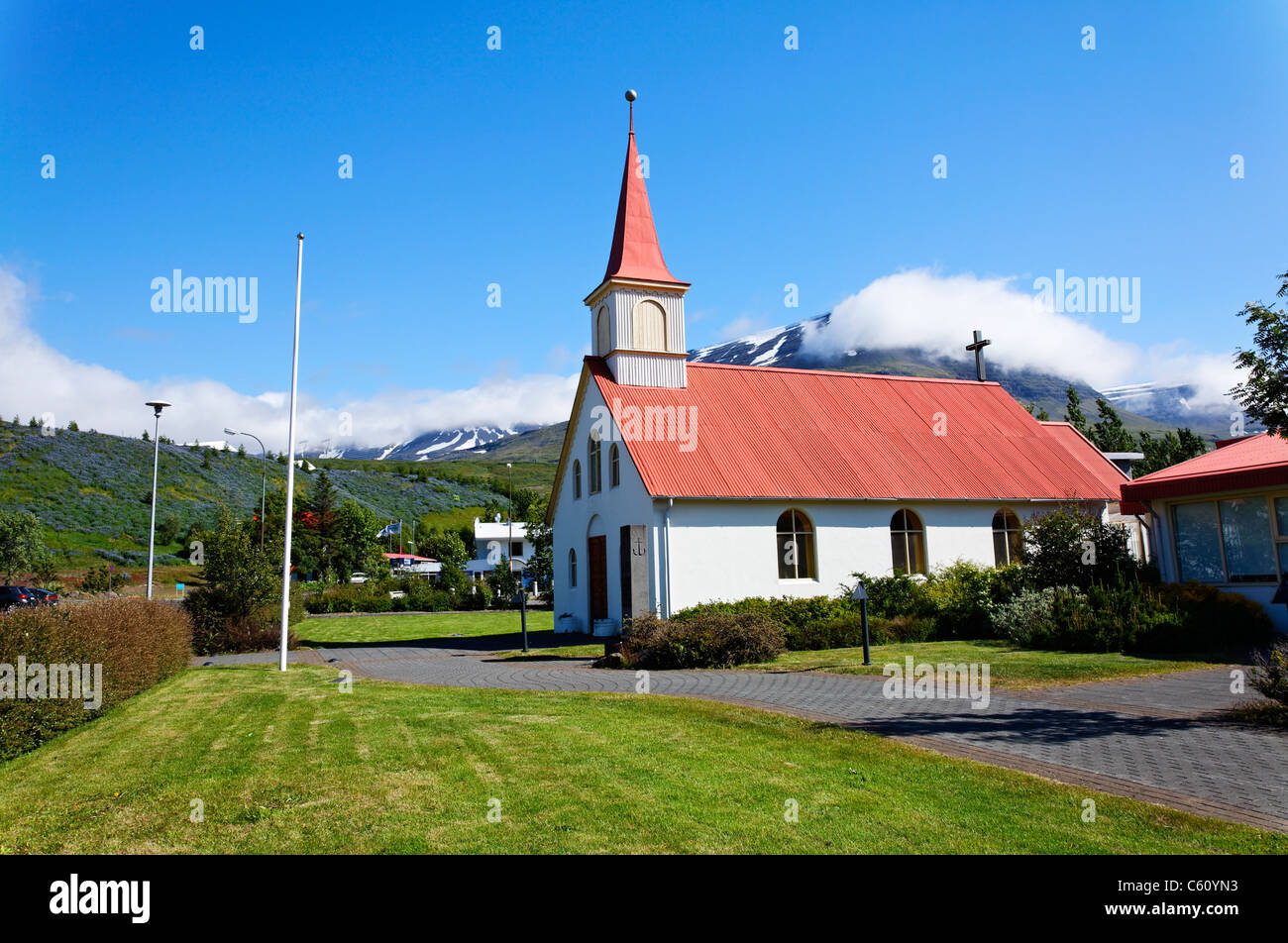 Villaggio Chiesa, Est Fjiords, Islanda Foto Stock