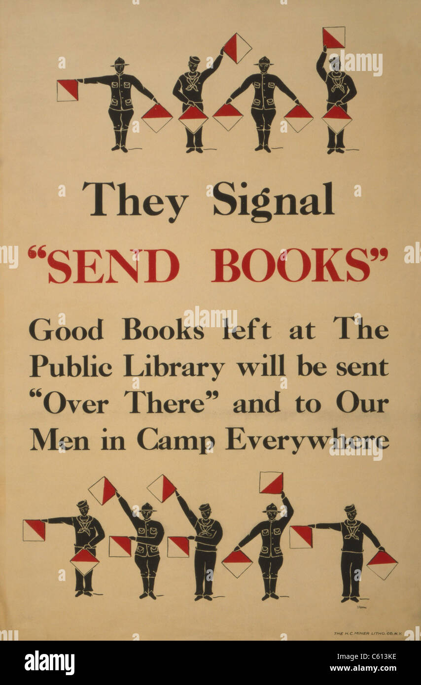 La guerra mondiale I poster che mostra i soldati e marinai usando un semaforo di segnale con bandiere. I semafori sono stati codici visivi che ammessi Foto Stock