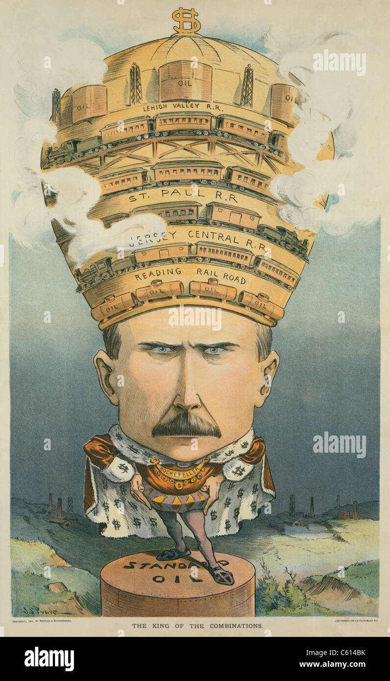 Il re delle combinazioni cartoon di John D. Rockefeller indossando una corona e un accappatoio in piedi su un serbatoio di accumulo di olio denominata 'Standard olio'. La corona è adornata con vetture del treno dalle ferrovie quale Standard monopolio petrolifero ricevuto tassi favorevoli. Carto (BSLOC 2010 18 11) Foto Stock