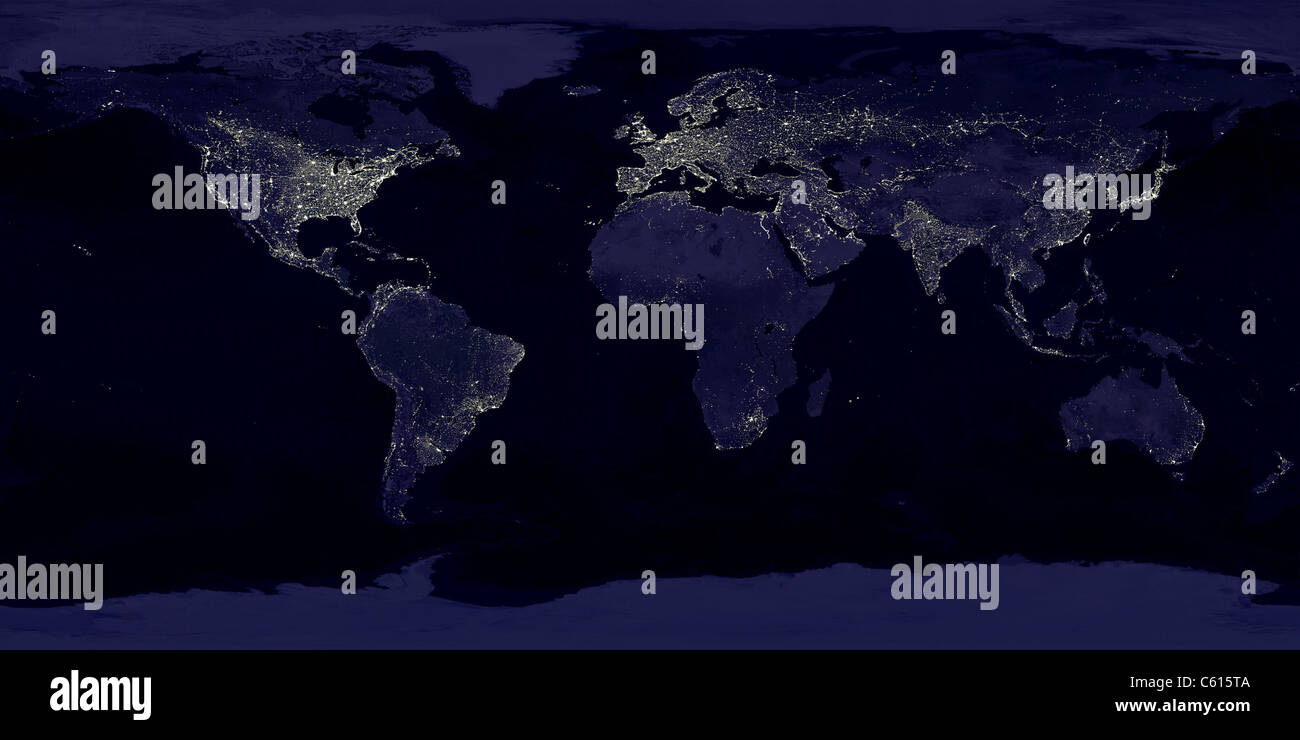 Mappa fatta dallo spazio di terra s luci della citta'. La più brillante delle aree urbane crescere lungo le coste e le reti di trasporto. Gli Stati Uniti Interstate Highway system Trans-Siberian railroad il fiume Nilo può essere distinto. Le tenebre della Corea del Nord di contrasti con la vicina Corea del Sud. Foto Stock