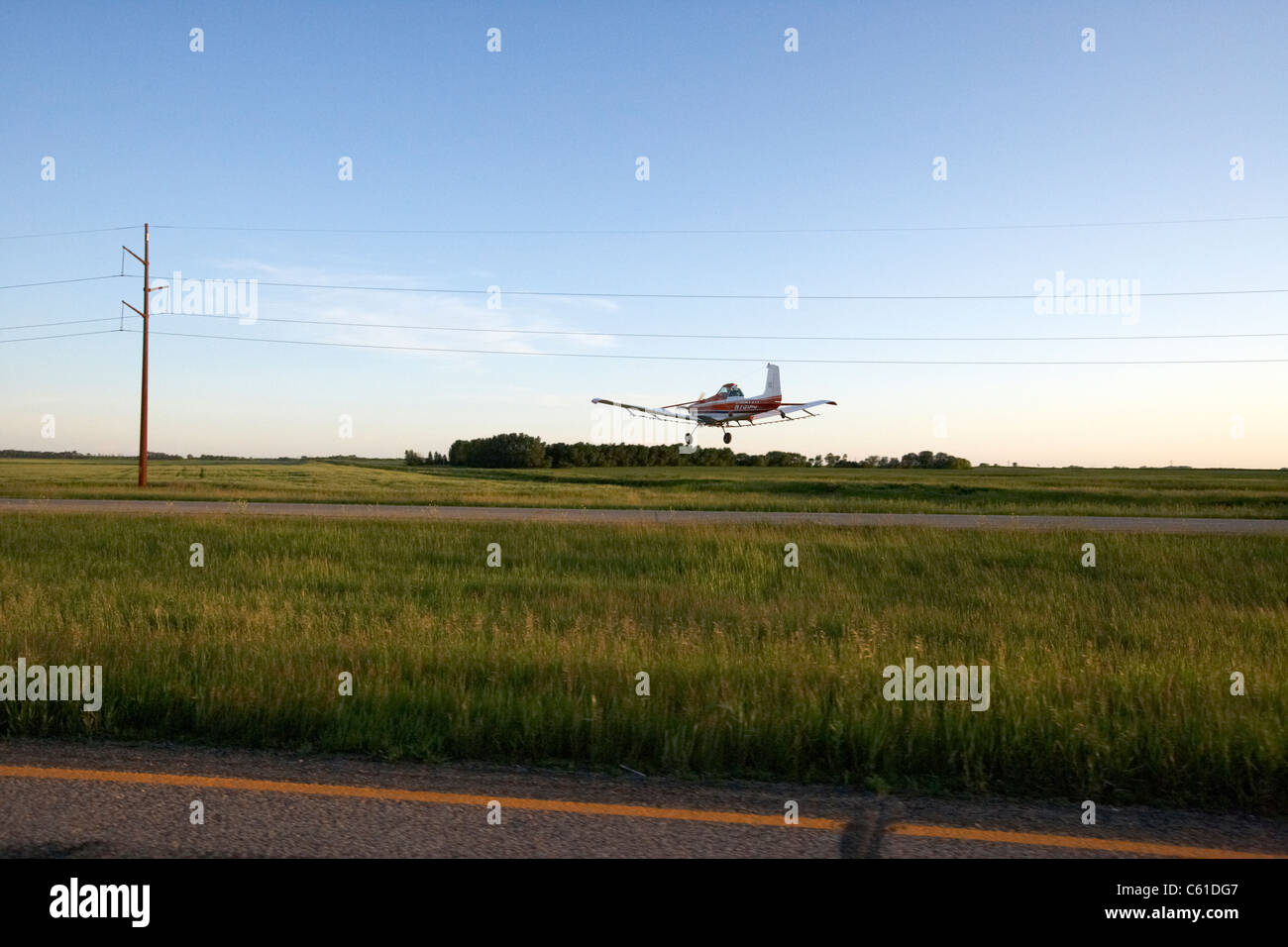 Piccolo cessna un118b cropdusting aerei volando a bassa quota sopra la strada statale e spolvero di campi di raccolto sotto i fili di elettricità il Dakota del Nord Stati Uniti d'America Foto Stock