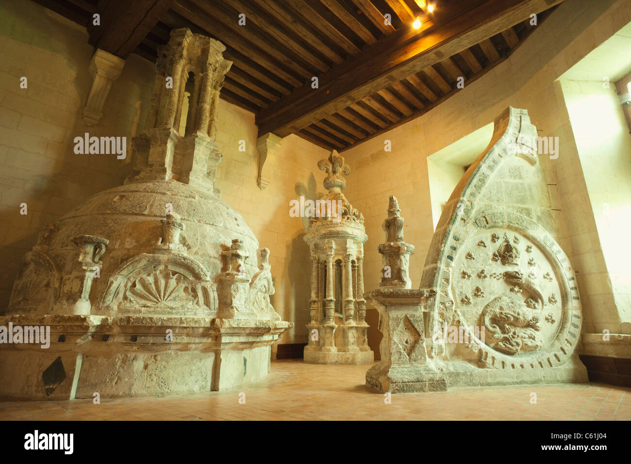 Francia, Valle della Loira, Castello di Chambord, la sala lapidaria display del tetto originale muratura in pietra, dettaglio della salamandra scultura Foto Stock
