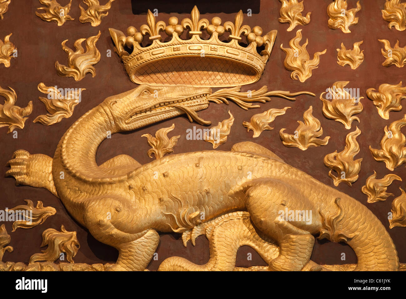 Francia, Valle della Loira, il castello di Blois, caminetto dorato con la salamandra in camera di consiglio Foto Stock