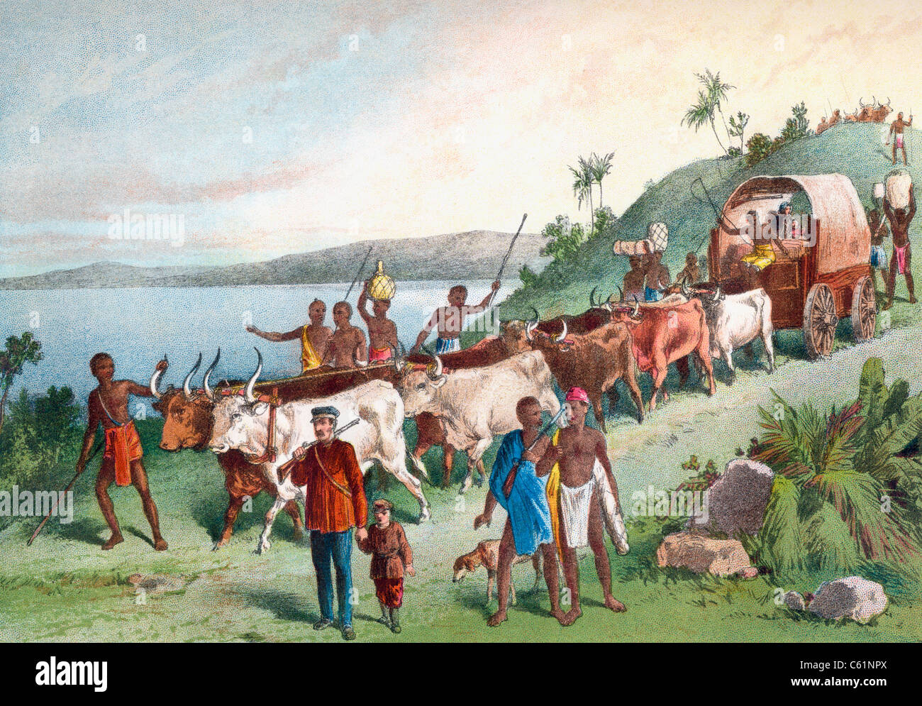Il dottor David Livingstone's arrivo al lago Ngami, il Botswana e il Sud Africa nel 1849. Foto Stock