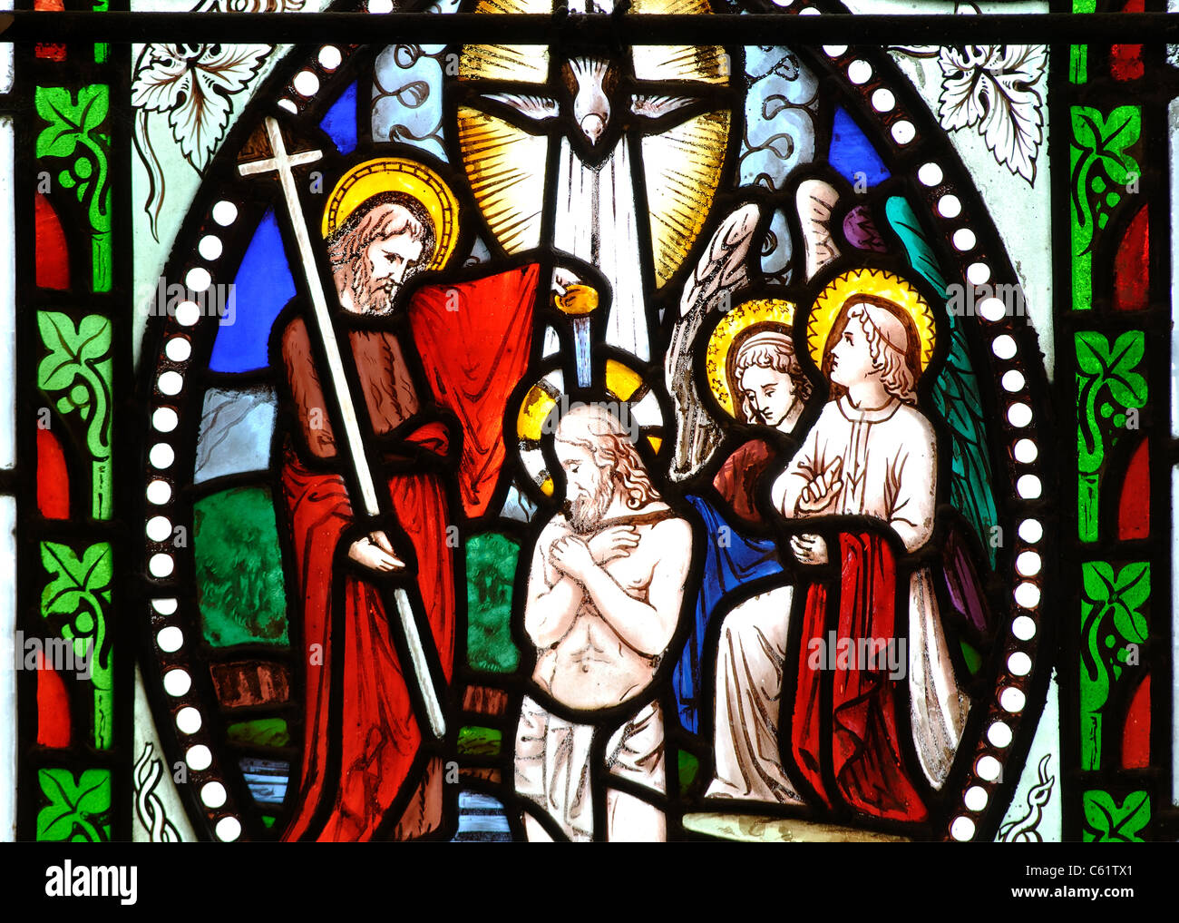 Cristo è il battesimo in vetro colorato, St. Mary-le-più Chiesa, Wallingford, Oxfordshire, England, Regno Unito Foto Stock