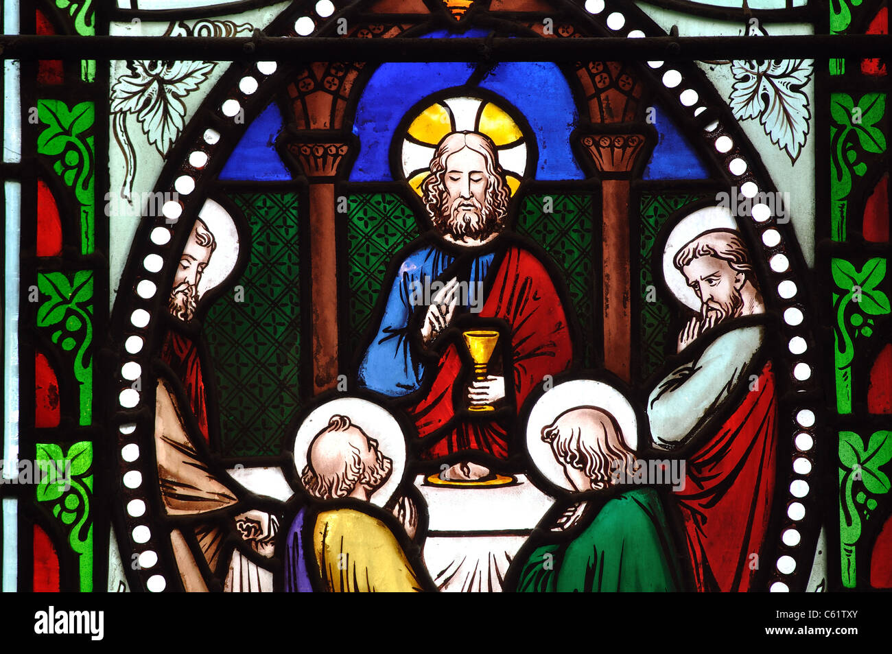 Ultima Cena in vetro colorato, St. Mary-le-più Chiesa, Wallingford, Oxfordshire, England, Regno Unito Foto Stock