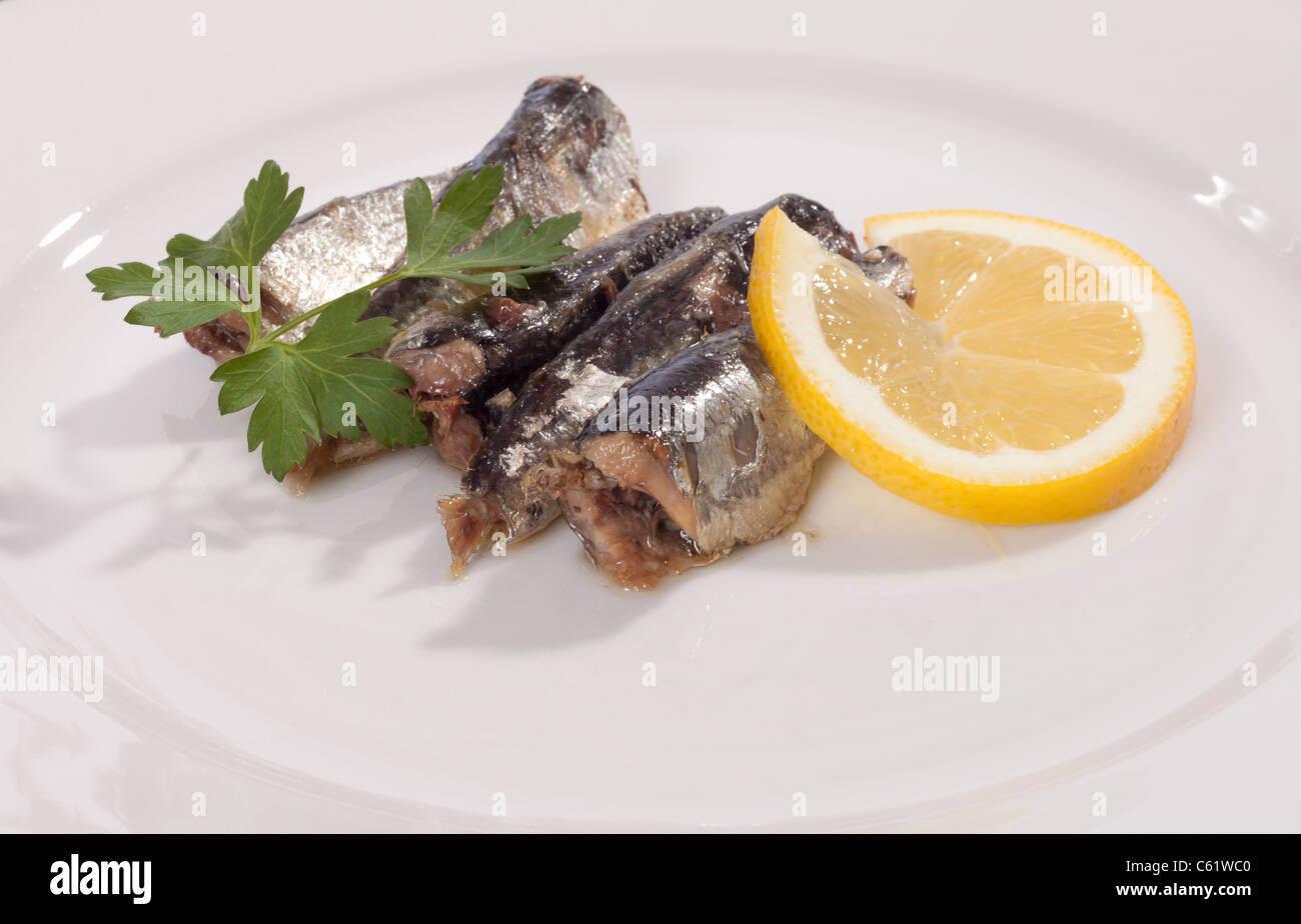 Sardine in olio su una piastra con il limone Foto Stock