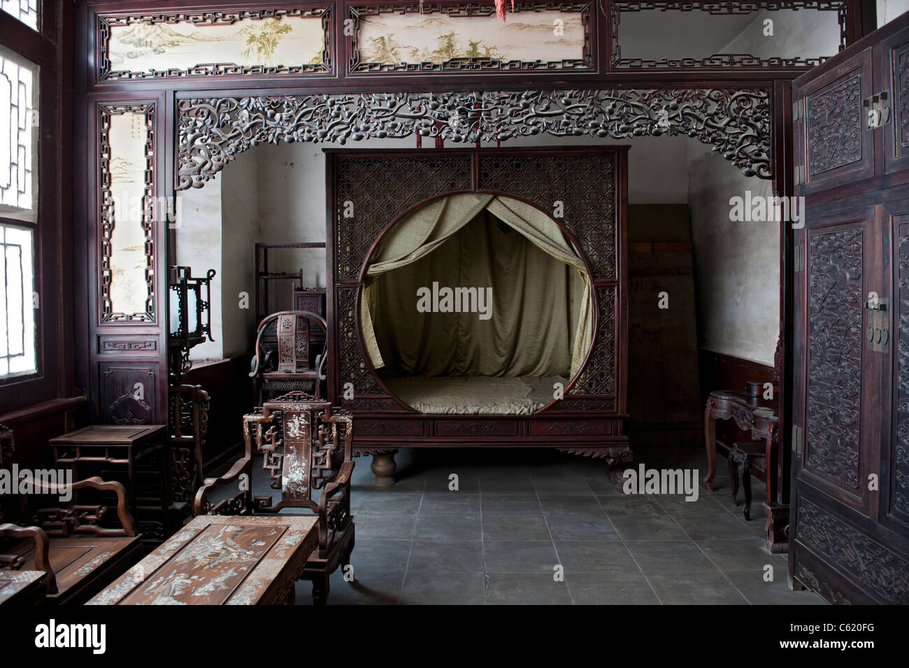 Camera da letto in Shi Shijia dimora familiare di Tianjin, Cina Foto Stock