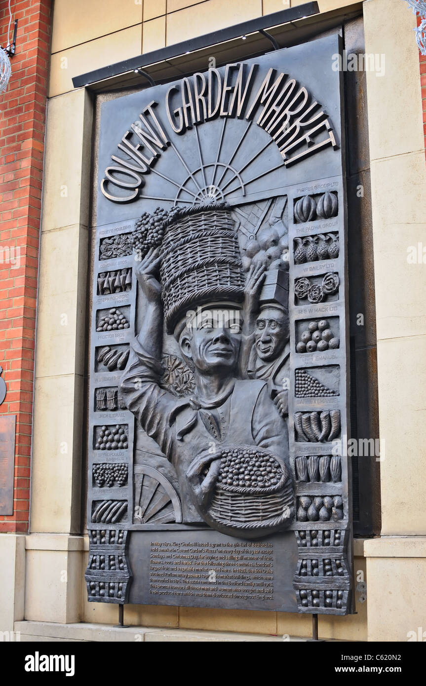 " Mercato di Covent Garden' segno di bronzo. Foto Stock