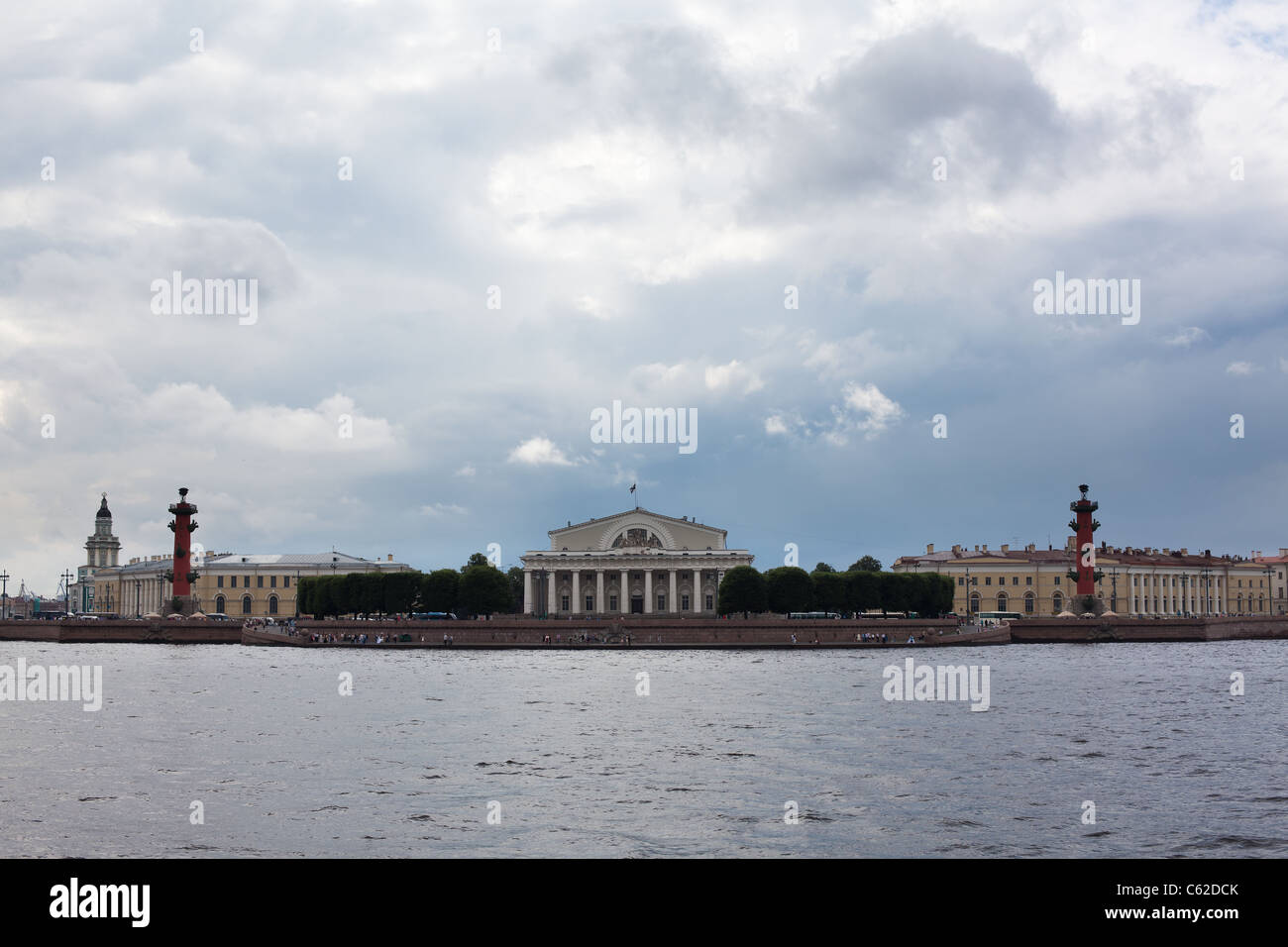 La freccia di Vasilevsky Island a San Pietroburgo, Russia. Colonna rostrale. Vista dal fiume Neva Foto Stock