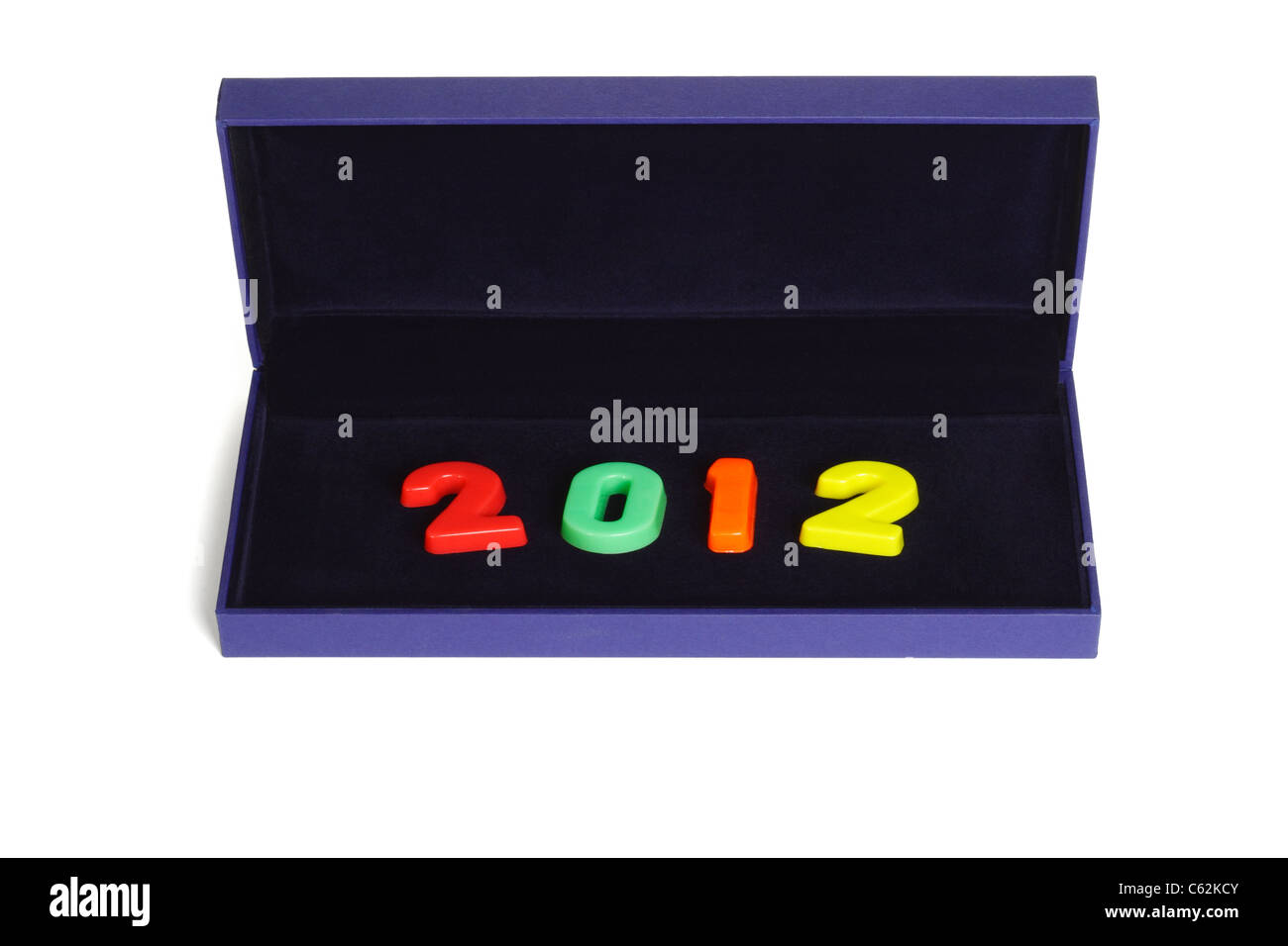 In plastica colorata numero blocks 2012 Anno nuovo in open blue box regalo Foto Stock
