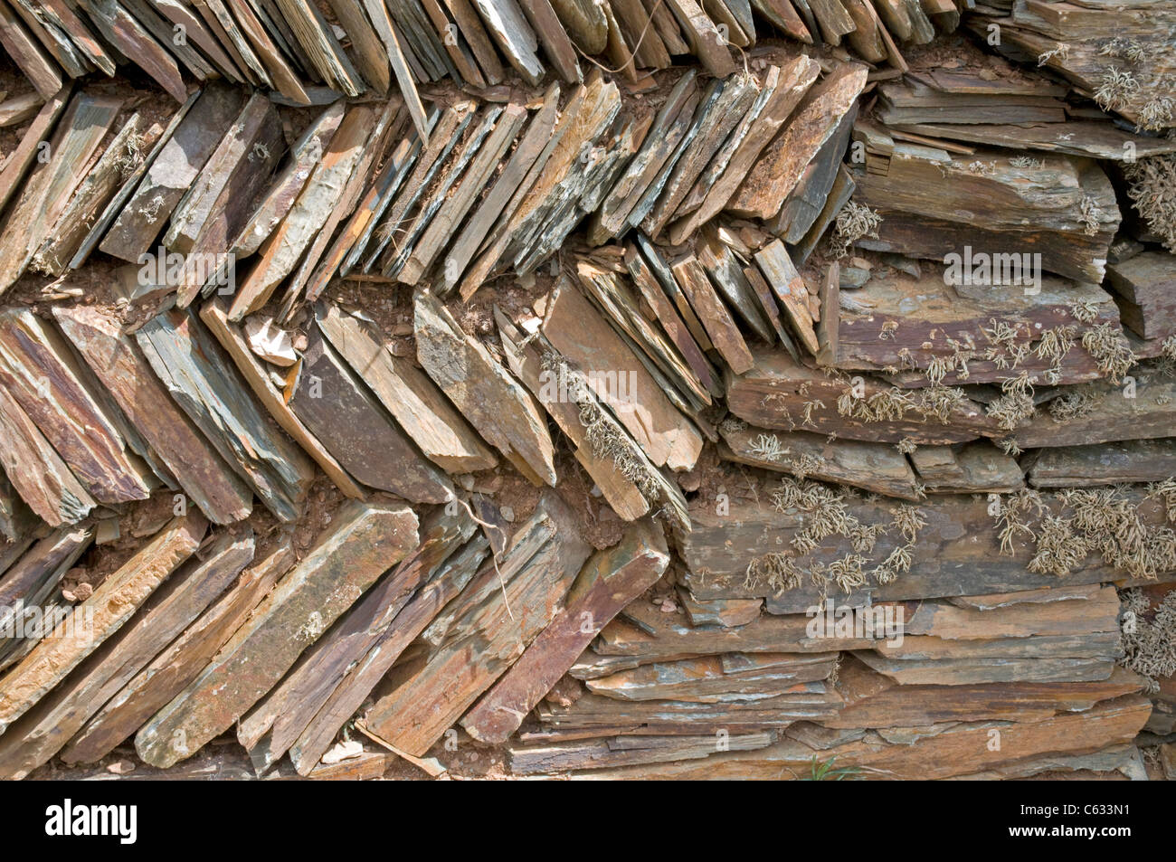 Modelli a zig-zag in pietra a secco di parete rustico locale di ardesia, Delabole, Cornwall Foto Stock