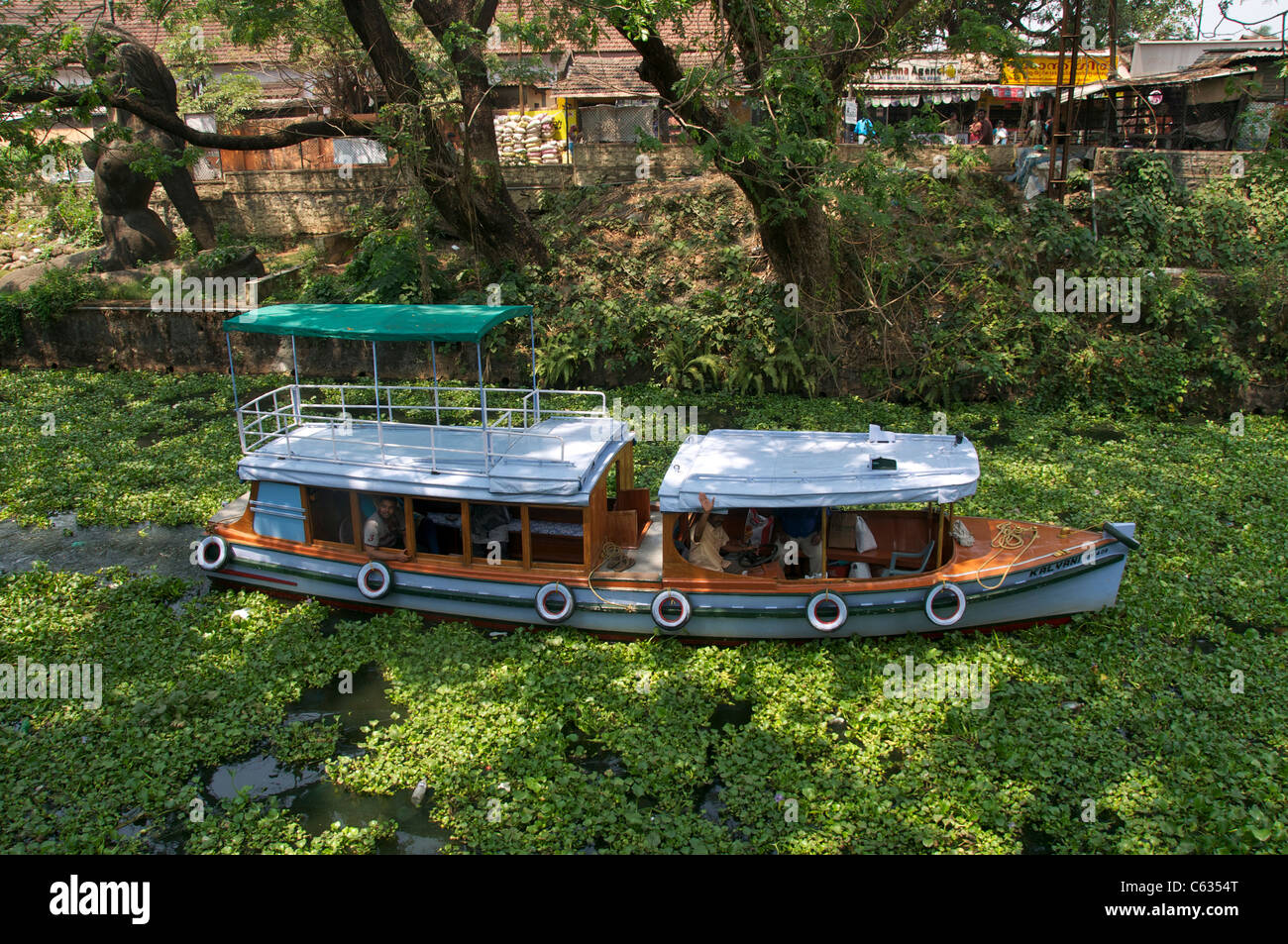 Lancio di blu in spesse weed Alappuzha Backwaters Kerala India del Sud Foto Stock