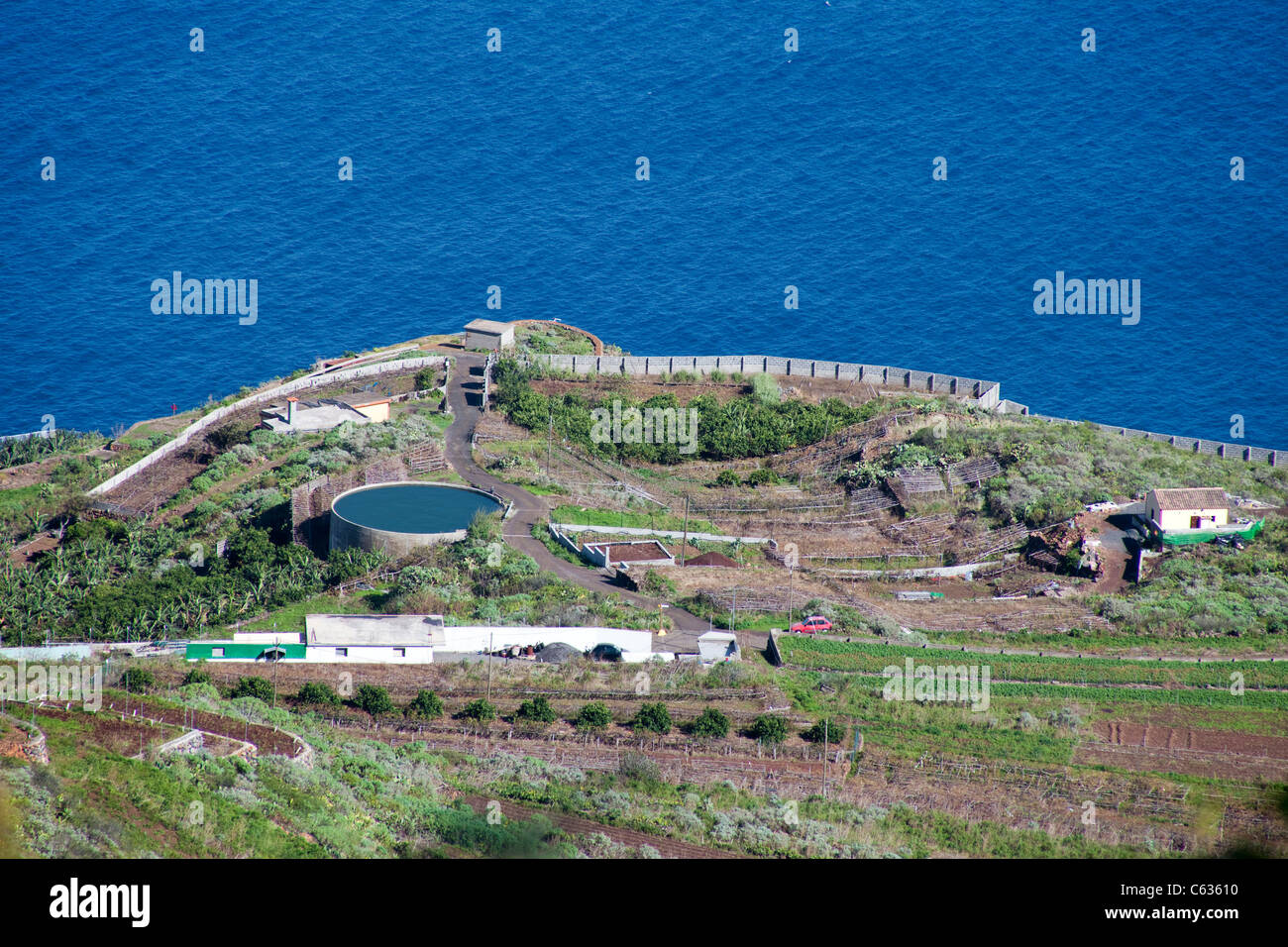 Piantagioni di banane e vasche d'acqua alla costa di Bartolo, la Palma, isole Canarie, Spagna, Europa Foto Stock