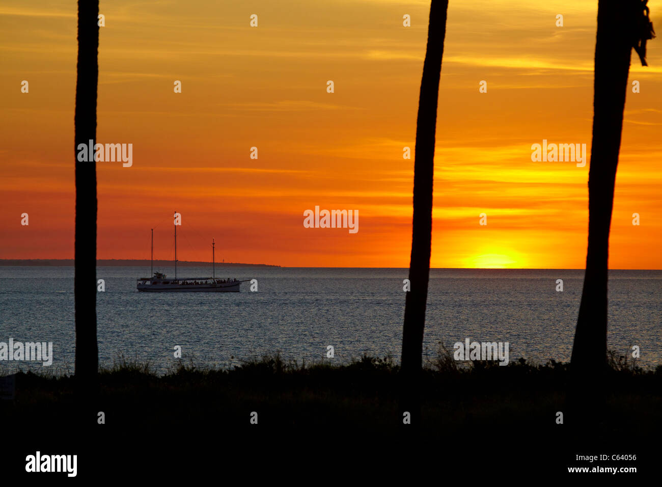 Gli alberi di palma, barca e tramonto, Mindil Beach, Darwin, Territorio del Nord, l'Australia Foto Stock