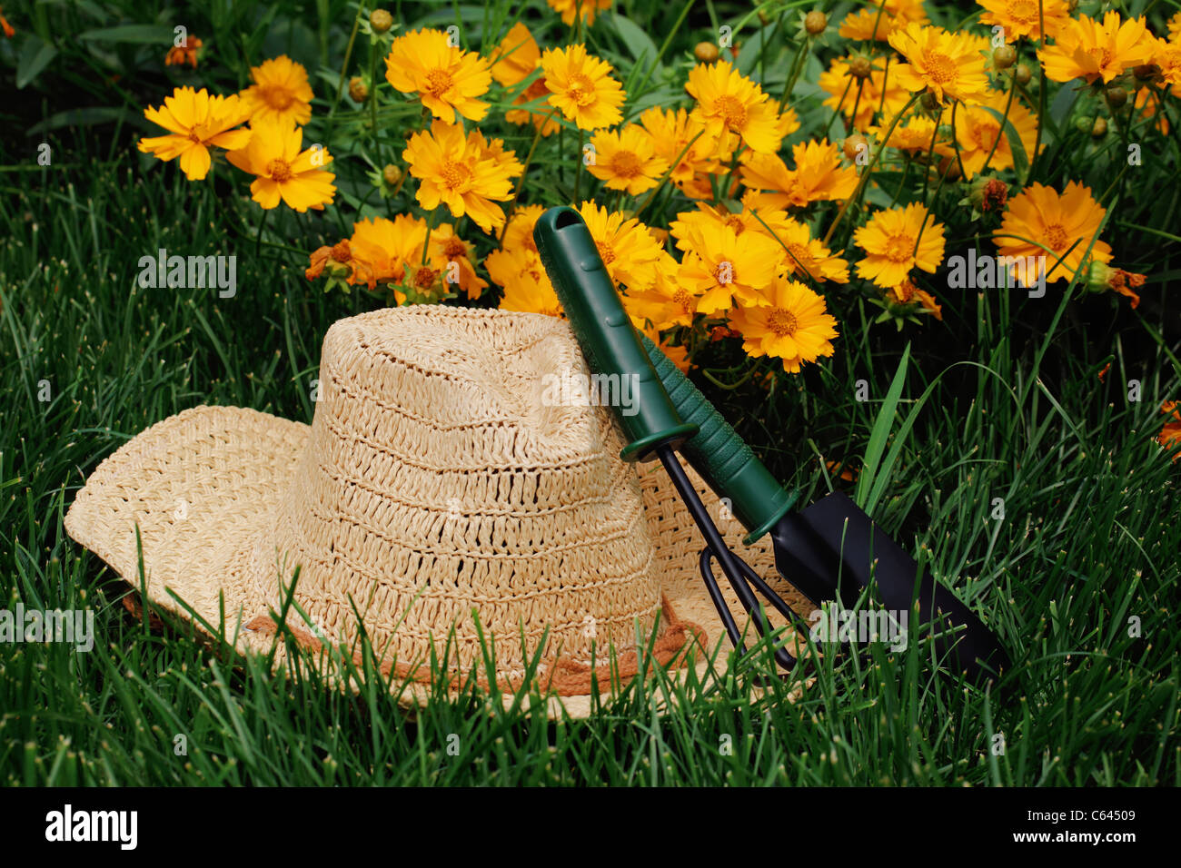 Cappello di paglia, annaffiatura pentola e utensili da giardinaggio in giardino Foto Stock