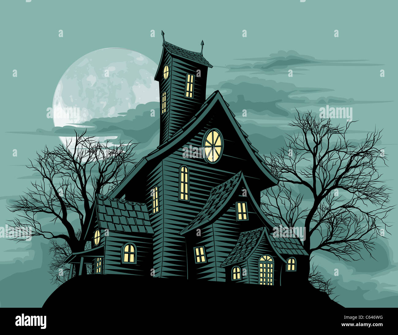 Scena di Halloween. Illustrazione di un spooky haunted ghost house Foto Stock