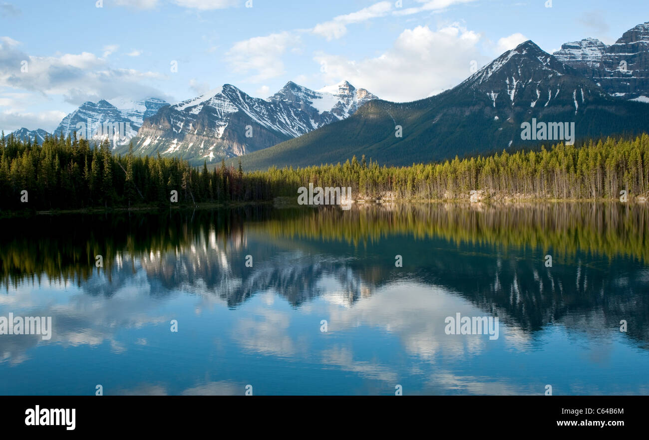 La mattina presto sun a Hector lago sulla Icefield Parkway, Alberta, Canada Foto Stock