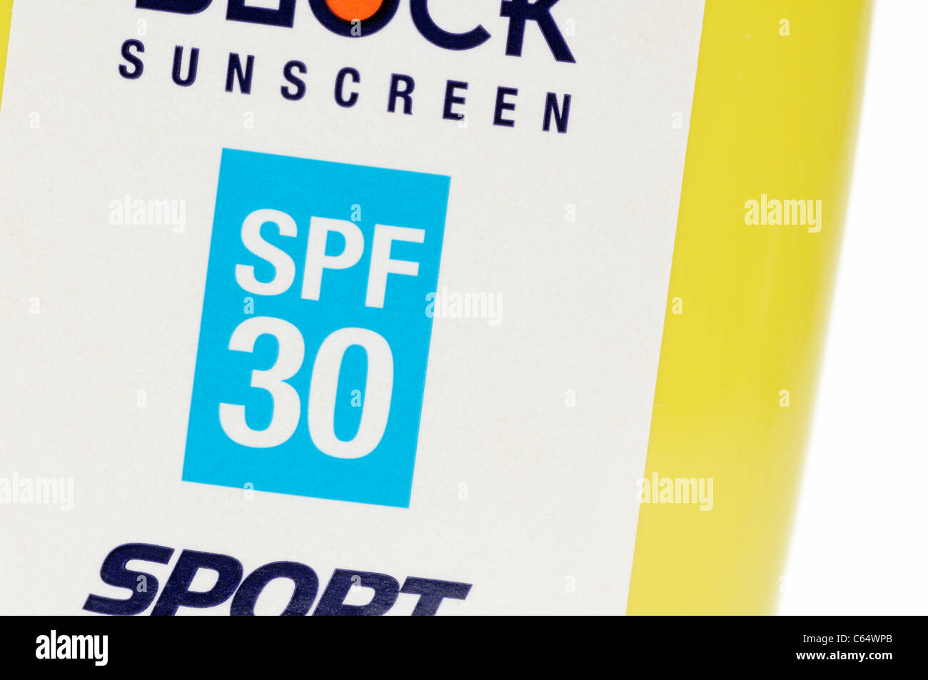 SPF 30 sunscreen etichetta close-up Foto Stock