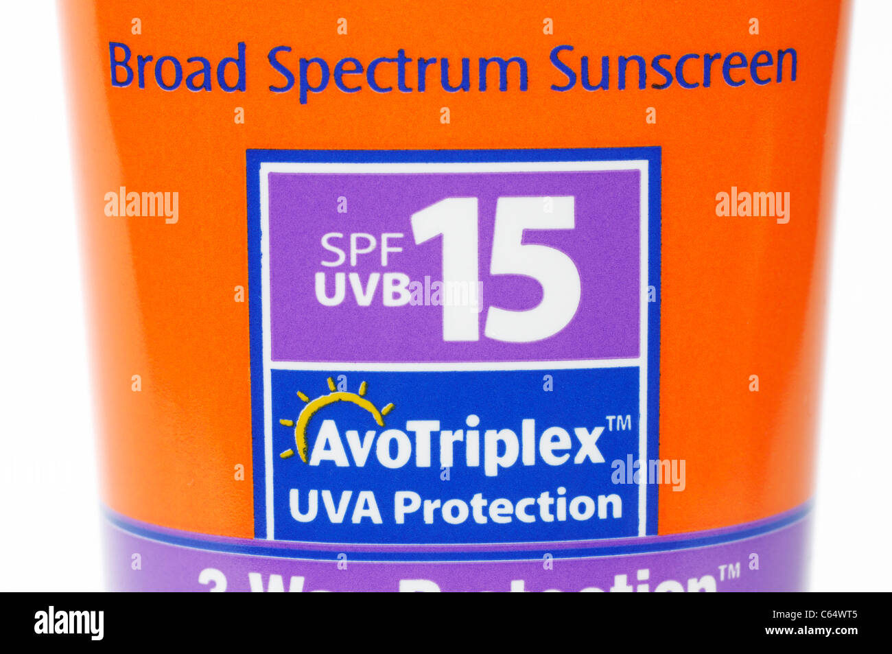 SPF 15 sunscreen etichetta close-up Foto Stock
