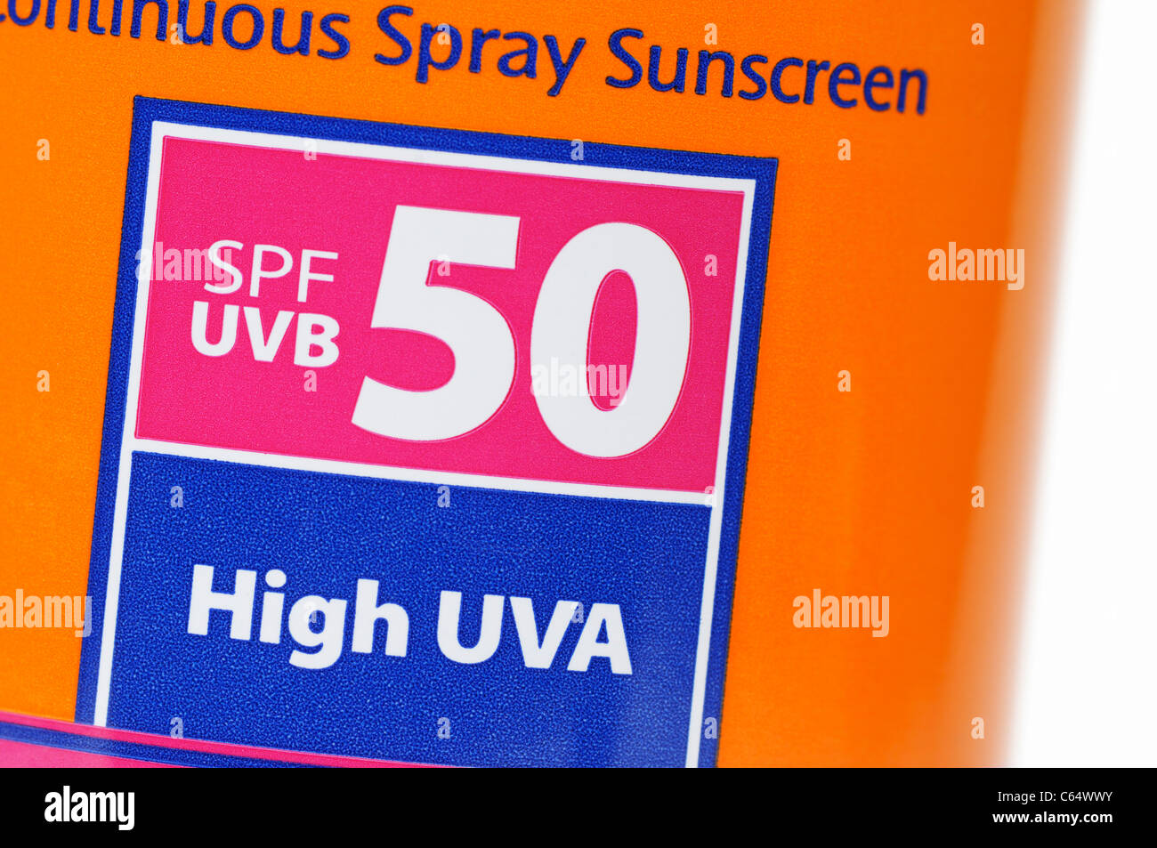 SPF 50 sunscreen etichetta close-up Foto Stock