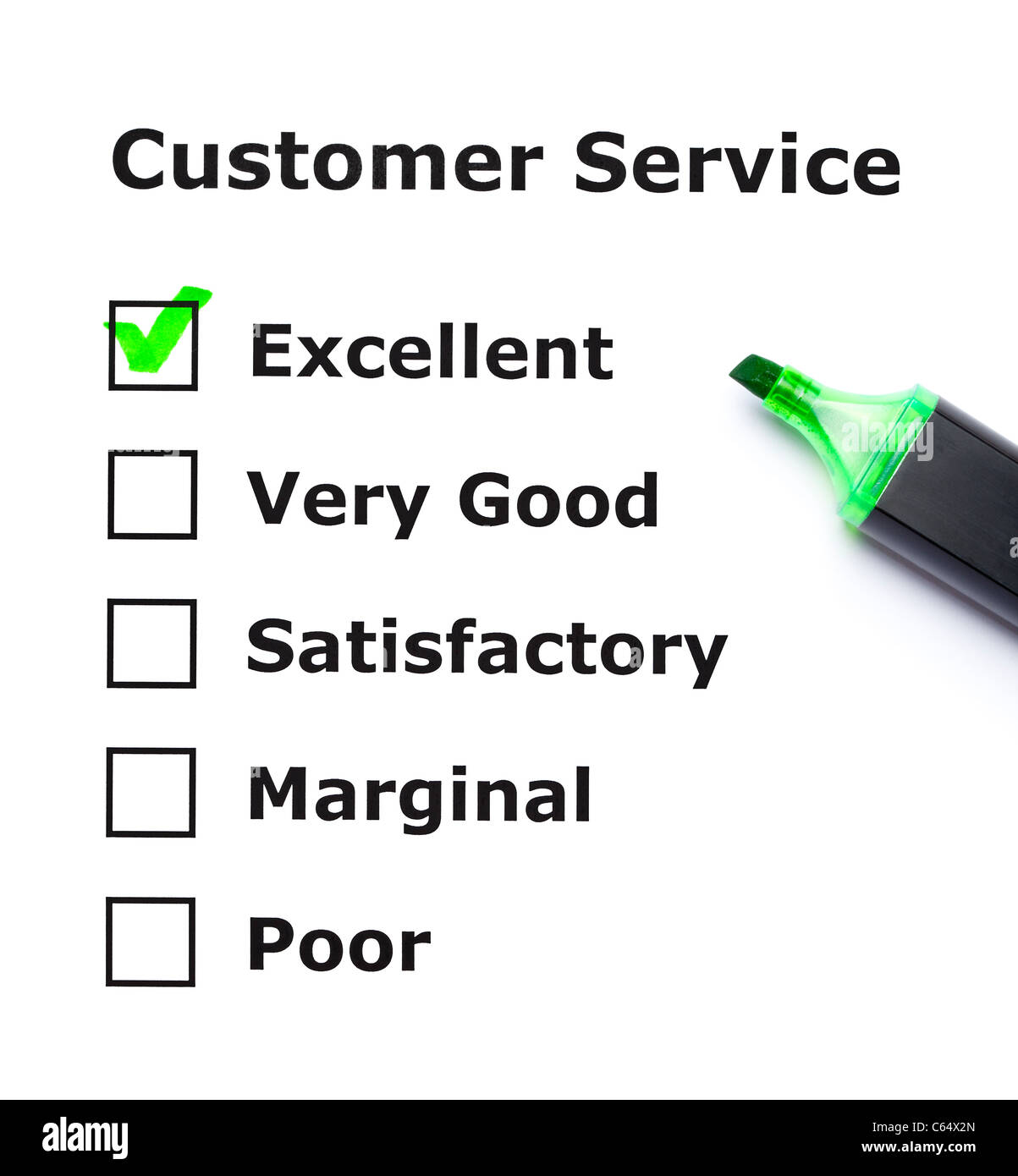 Assistenza clienti form di valutazione con segno di spunta di colore verde sul eccellente con un pennarello. Foto Stock