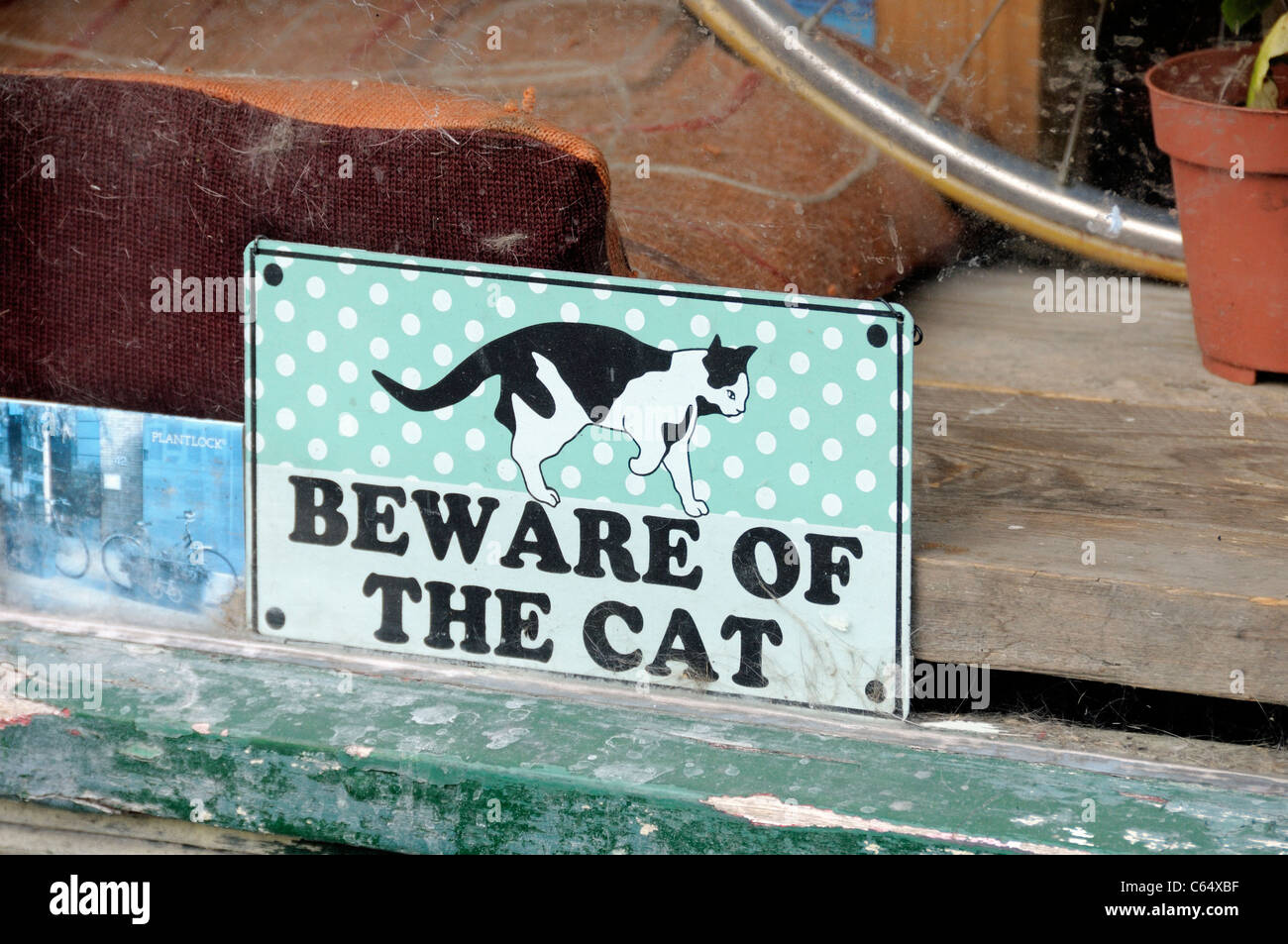 Fate attenzione al segno di gatto in vetrina Foto Stock