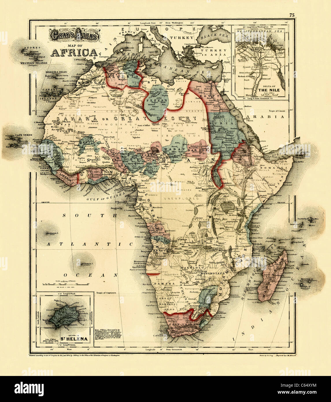1874 Mappa dell'Africa - Vintage Anticharian Mappa per Grigio Foto Stock