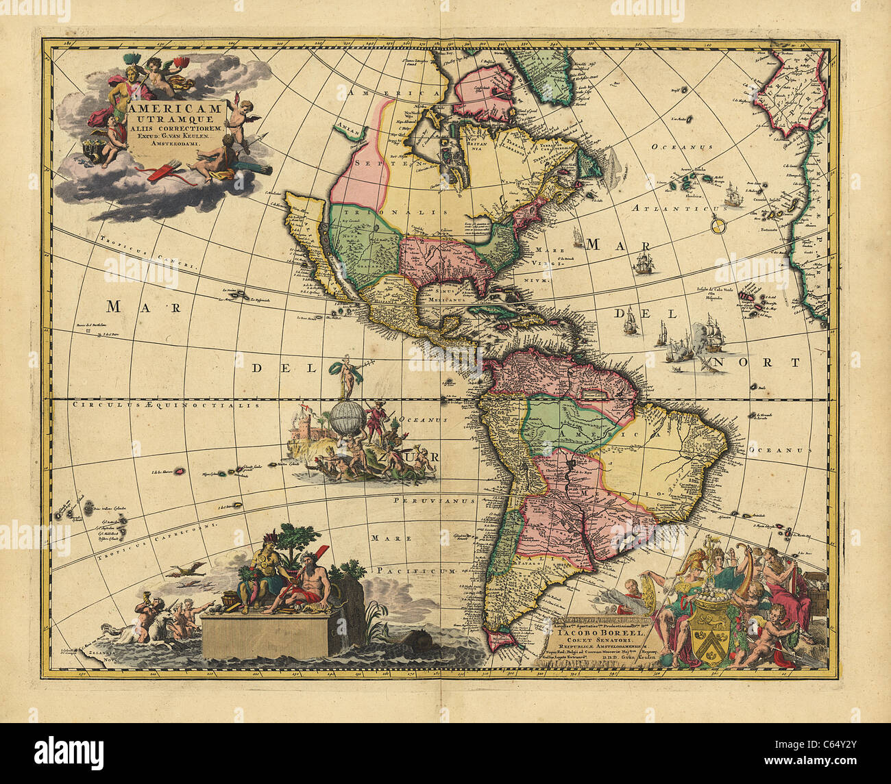 Americam utramque, 1700 Mappa delle Americhe (Nord America, America Centrale, Sud America) - Vintage Anticharian Map di Vankeulen Foto Stock