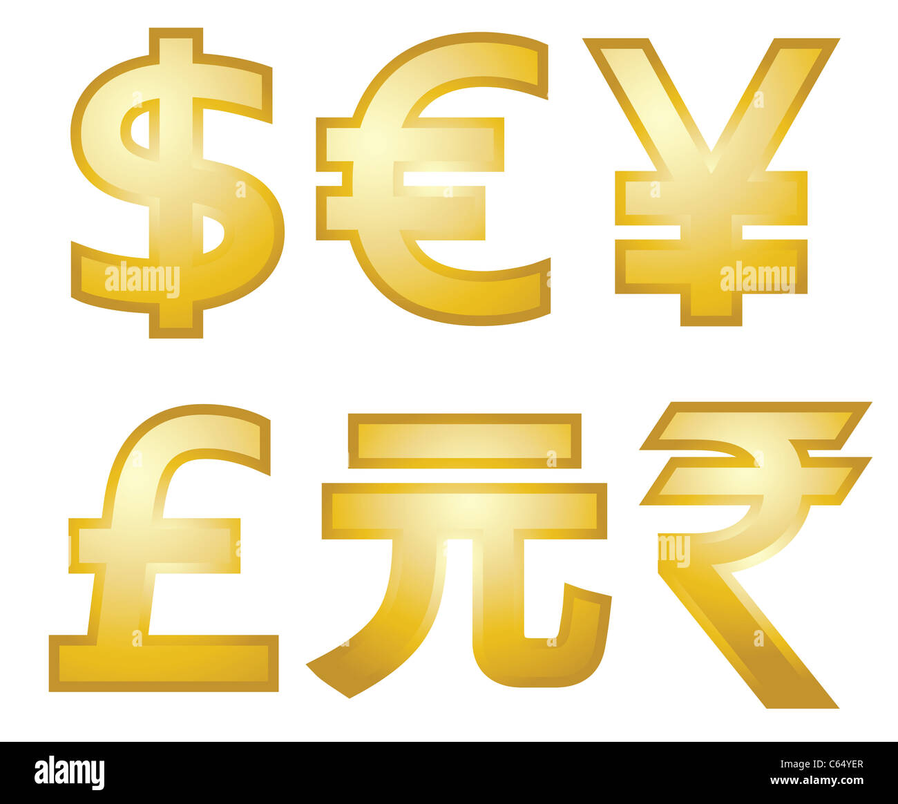 Tutti i principali simboli di valuta in oro. Di dollari, euro, sterline yen, yuan e rupee. Foto Stock