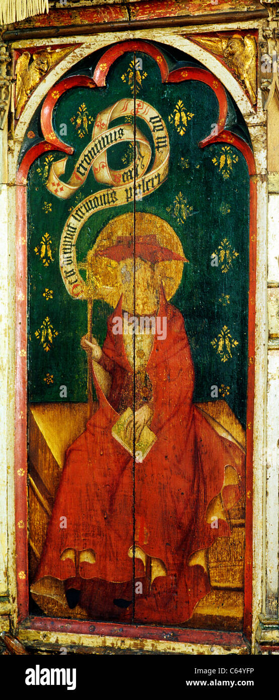 Castle Acre, Norfolk. San Girolamo, indossando Red Hat e camice di un cardinale, un ot il latino Quattro Dottori della Chiesa, XV sec. Foto Stock