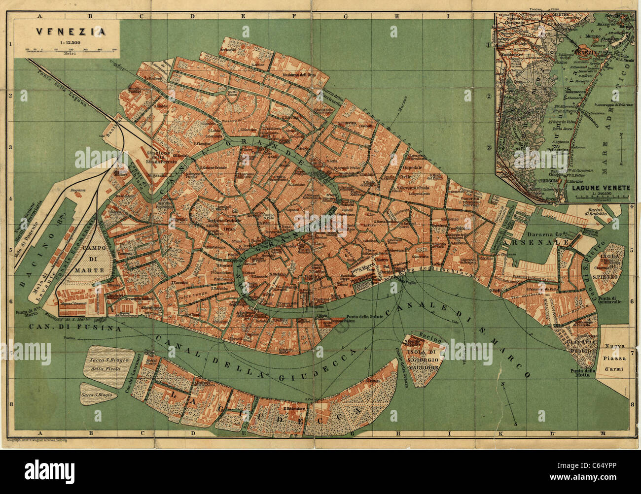 1886 Mappa di Venezia - Vintage Anticharian Mappa di Wagner & Debes Foto Stock