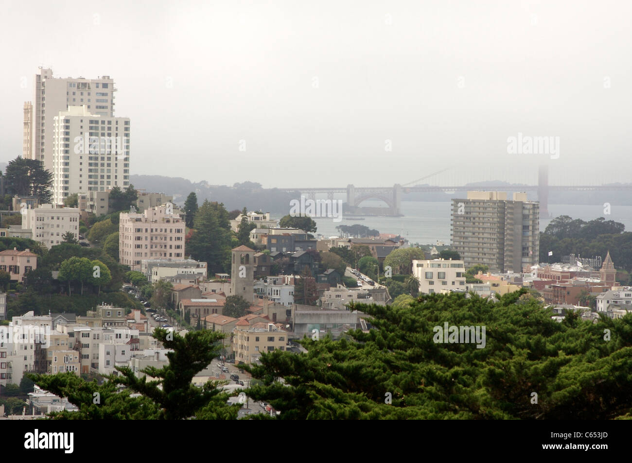 Mattinata nebbiosa vista di San Francisco, California, visto dalla collina del telegrafo Foto Stock