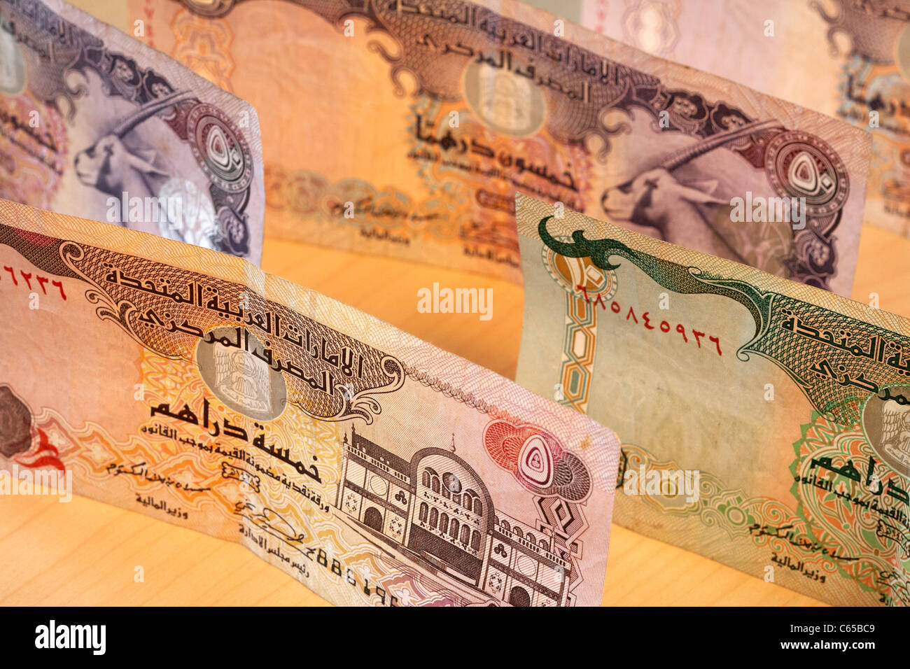 Cambio di banconote Emirati Arabi Uniti banca centrale Dirhams messa a fuoco selettiva Foto Stock