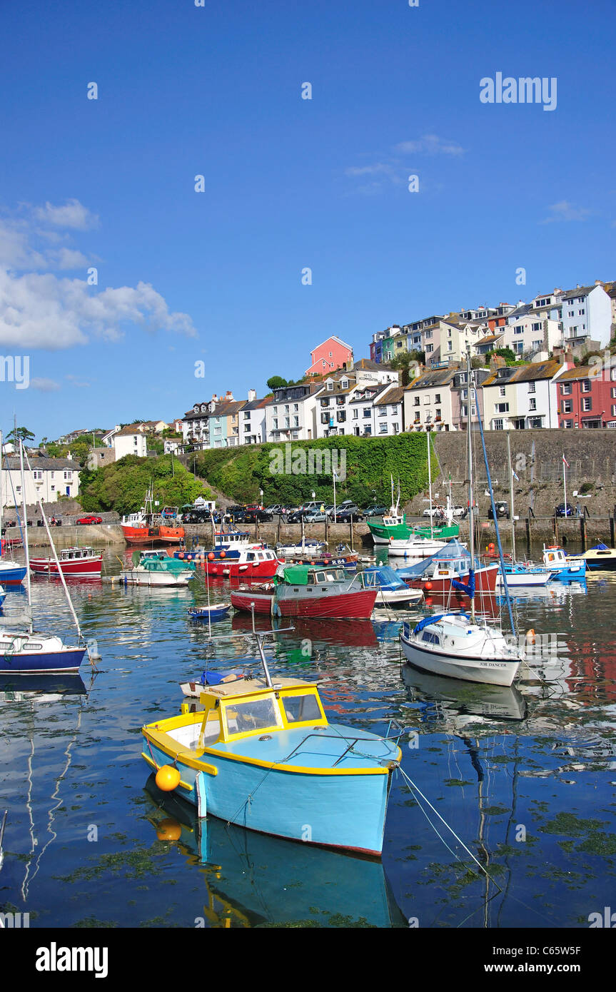 Barche ormeggiate nel porto di Brixham, Brixham, Devon, Inghilterra, Regno Unito Foto Stock