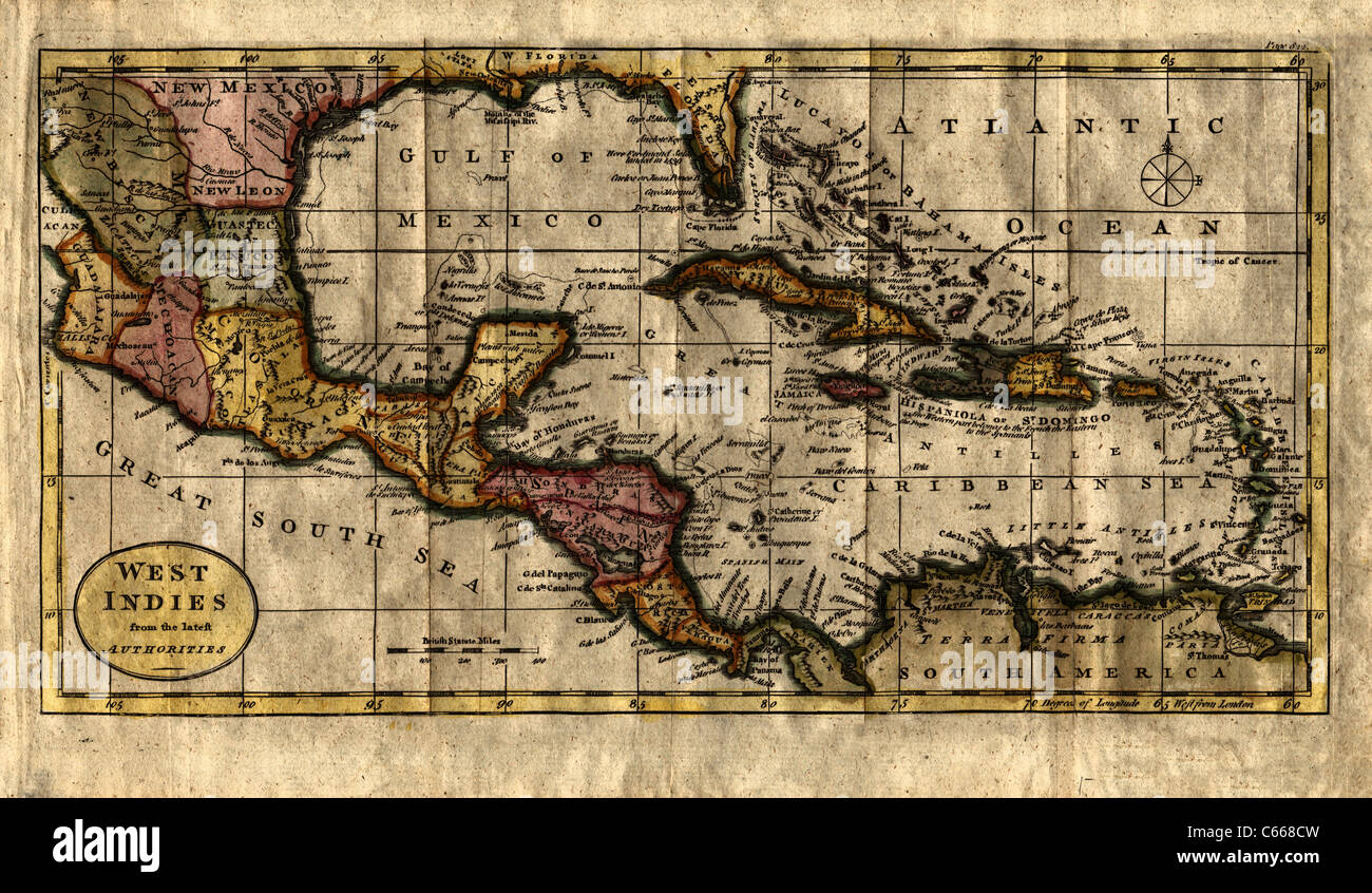 1790 Mappa delle Indie Occidentali / Mare dei Caraibi / Golfo del Messico - Anticharian d'epoca Mappa di Dilly Foto Stock