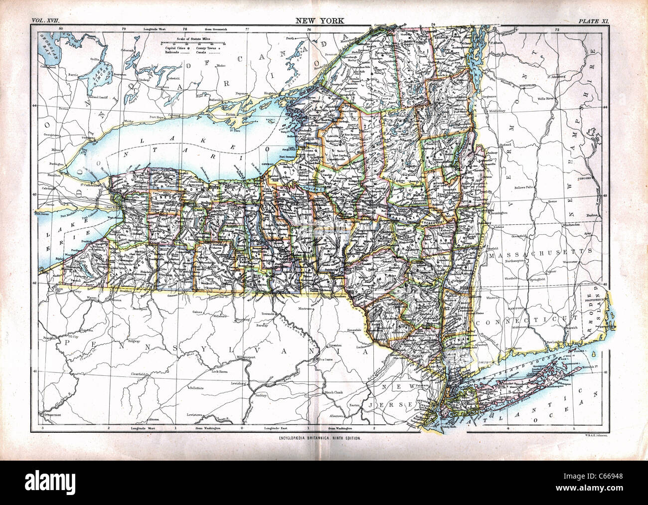 1884 Mappa dello Stato di New York - Vintage Antiquarian Mappa di Johnston Foto Stock