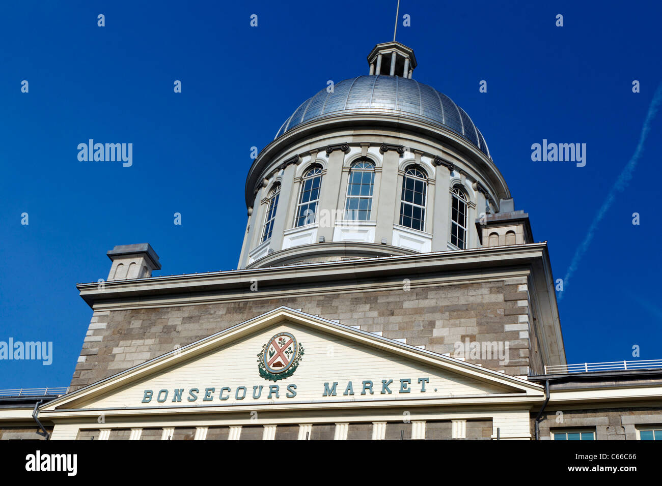 Vista dettagliata della parte anteriore e argento cupola del Mercato di Bonsecours / Marche Bonsecours, la Vecchia Montreal, Montreal, Quebec, Canada Foto Stock