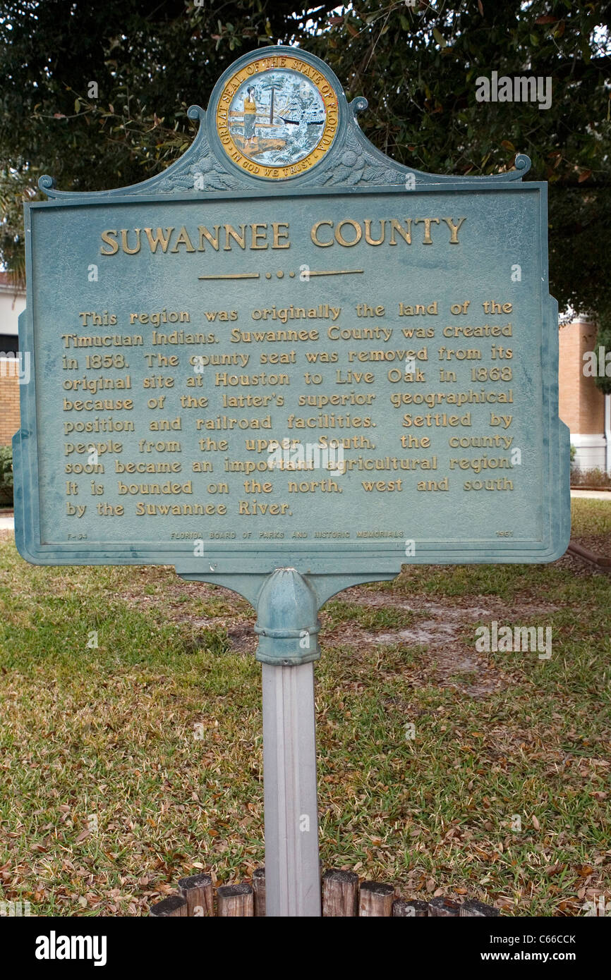 La contea di SUWANNEE. Questa regione era originariamente la terra degli Indiani Timucuan. La Contea di Suwannee è stato creato nel 1858. Foto Stock