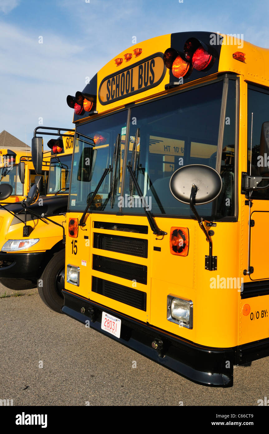 Parte anteriore di un giallo in parcheggio pulmann americano della scuola pubblica di autobus in linea con gli altri mezzi di trasporto scolastici, STATI UNITI D'AMERICA. Foto Stock