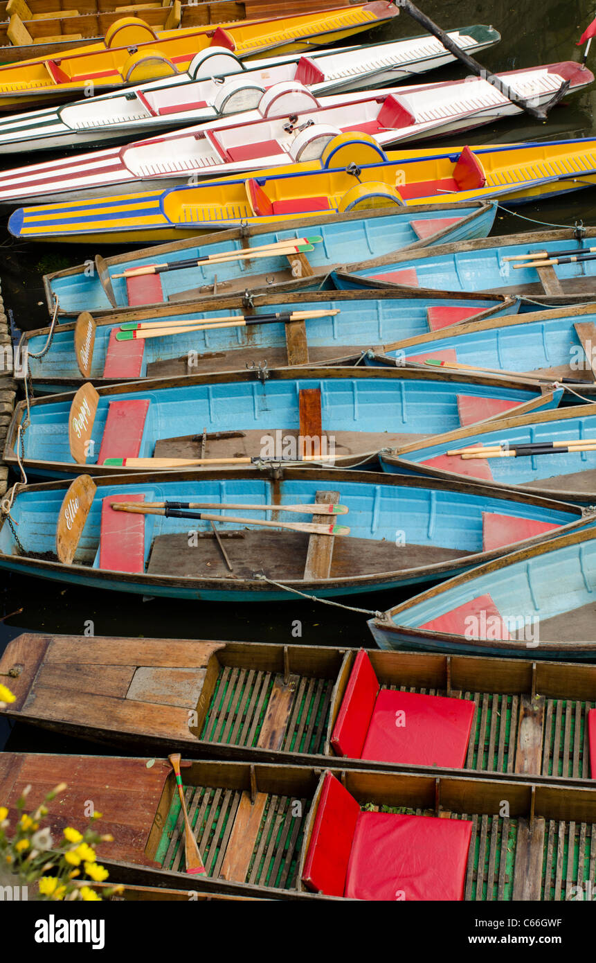 Vista ad alto angolo dei tradizionali punt in legno, barche a remi e pedalò a noleggio ormeggiati presso la Magdalen Bridge Boathouse sul fiume Cherwell, Oxford. Foto Stock