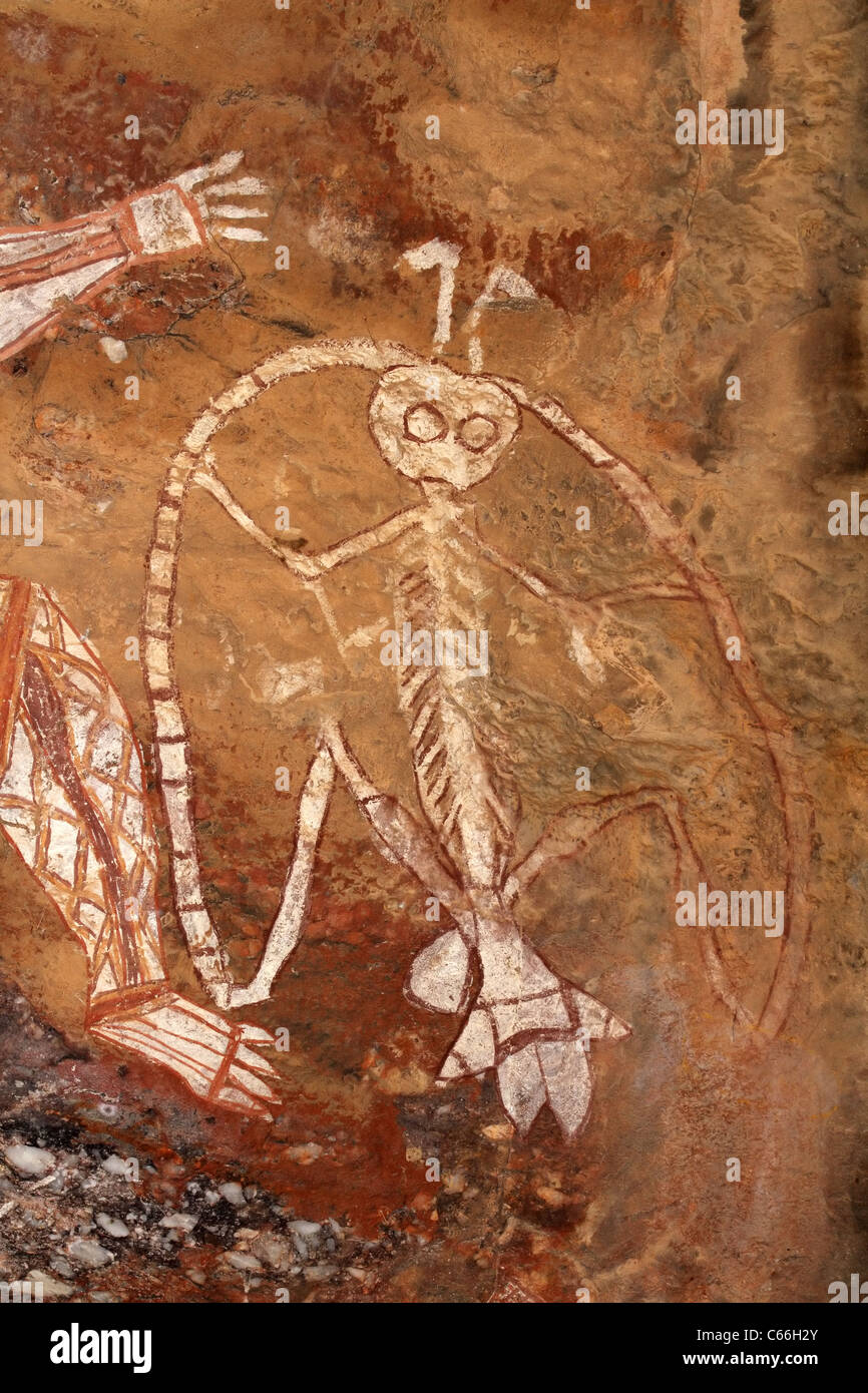 Arte rupestre degli Aborigeni a Nourlangie, Parco Nazionale Kakadu, Territorio del Nord, l'Australia Foto Stock