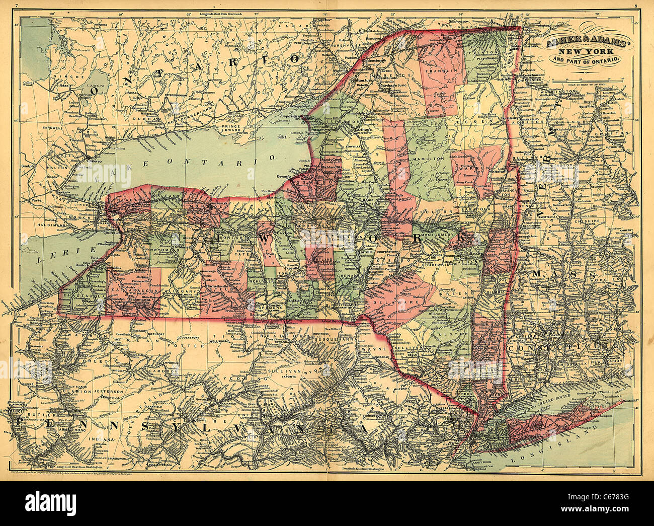 1871 Mappa dello Stato di New York - Vintage Anticharian Mappa di Asher Foto Stock
