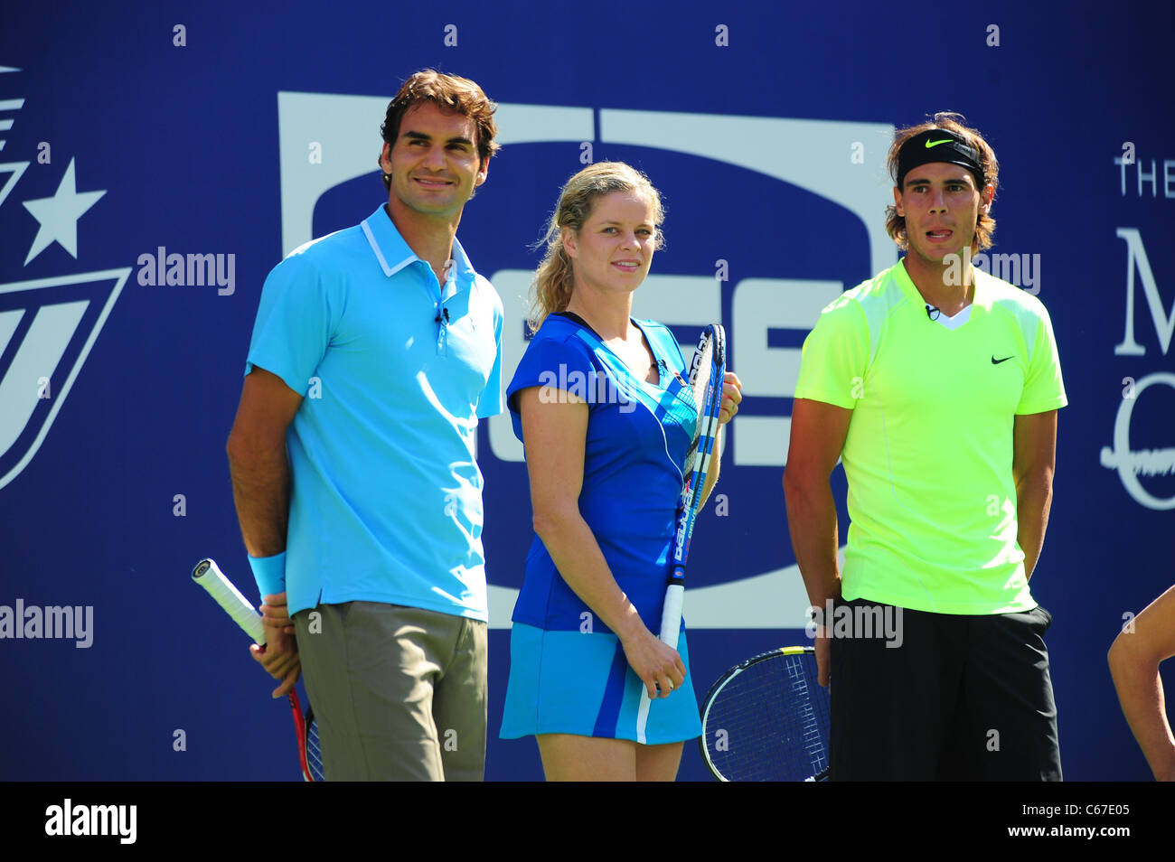 Roger Federer, Kim Clijsters, Rafael Nadal ad una apparizione pubblica per il 2010 Arthur Ashe Kids Day, USTA Billie Jean King National Foto Stock