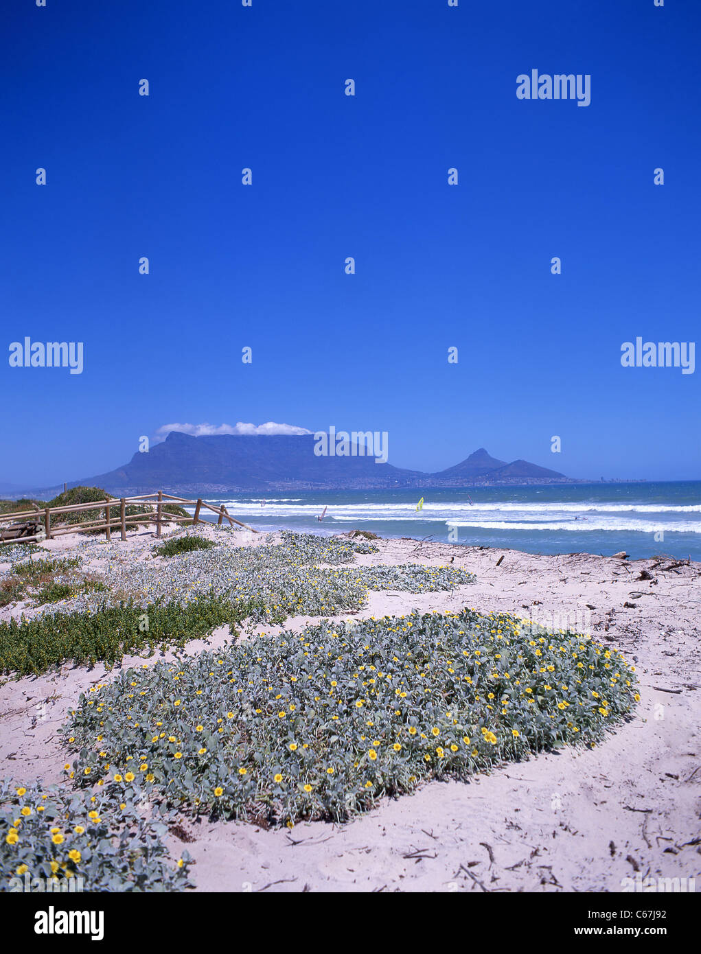 La Table Mountain e Cape Town visto da Bloubergstrand, Cape Town, Western Cape, Repubblica del Sud Africa Foto Stock