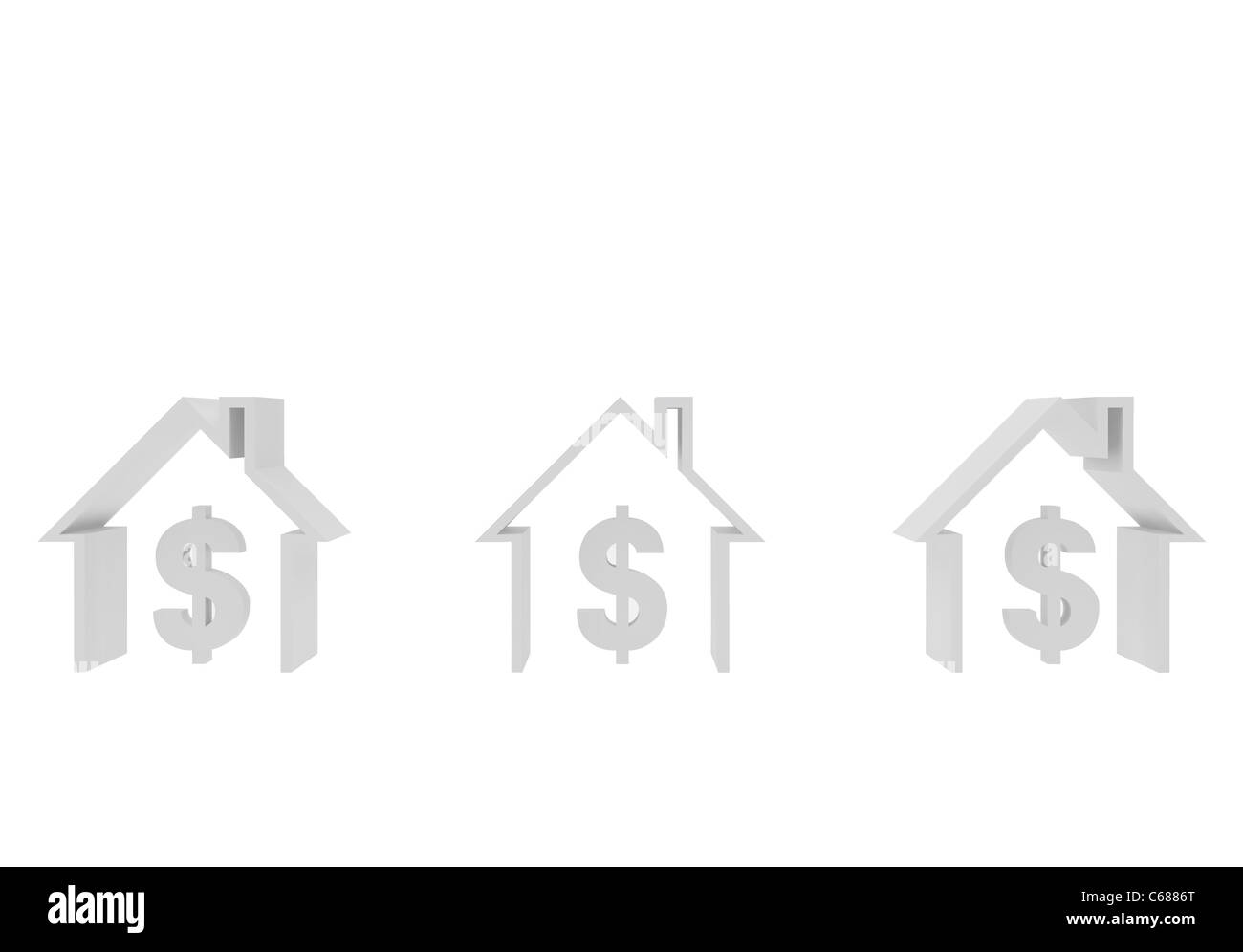 Immagine ad alta risoluzione. 3d reso illustrazione. Tre case e simbolo del dollaro. Foto Stock