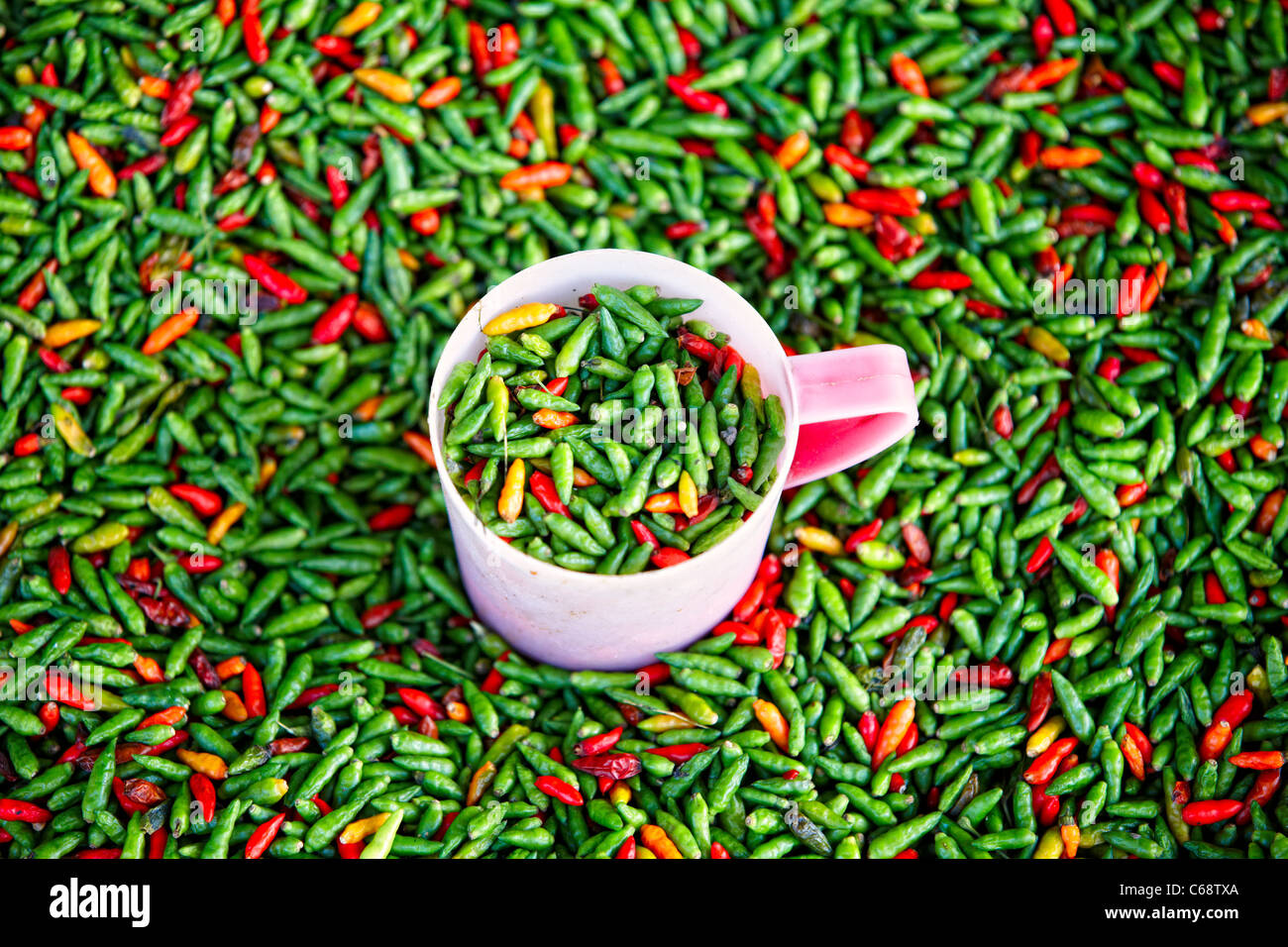 Assorrtments di peperoncini per la vendita al mercato di Dili, Timor orientale, Asia Foto Stock