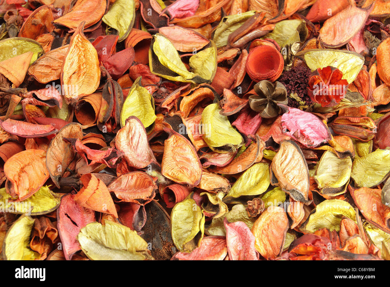 Fondo di schermo con motivi autunnali realizzati con foglie secche di differenti colori caldi Foto Stock