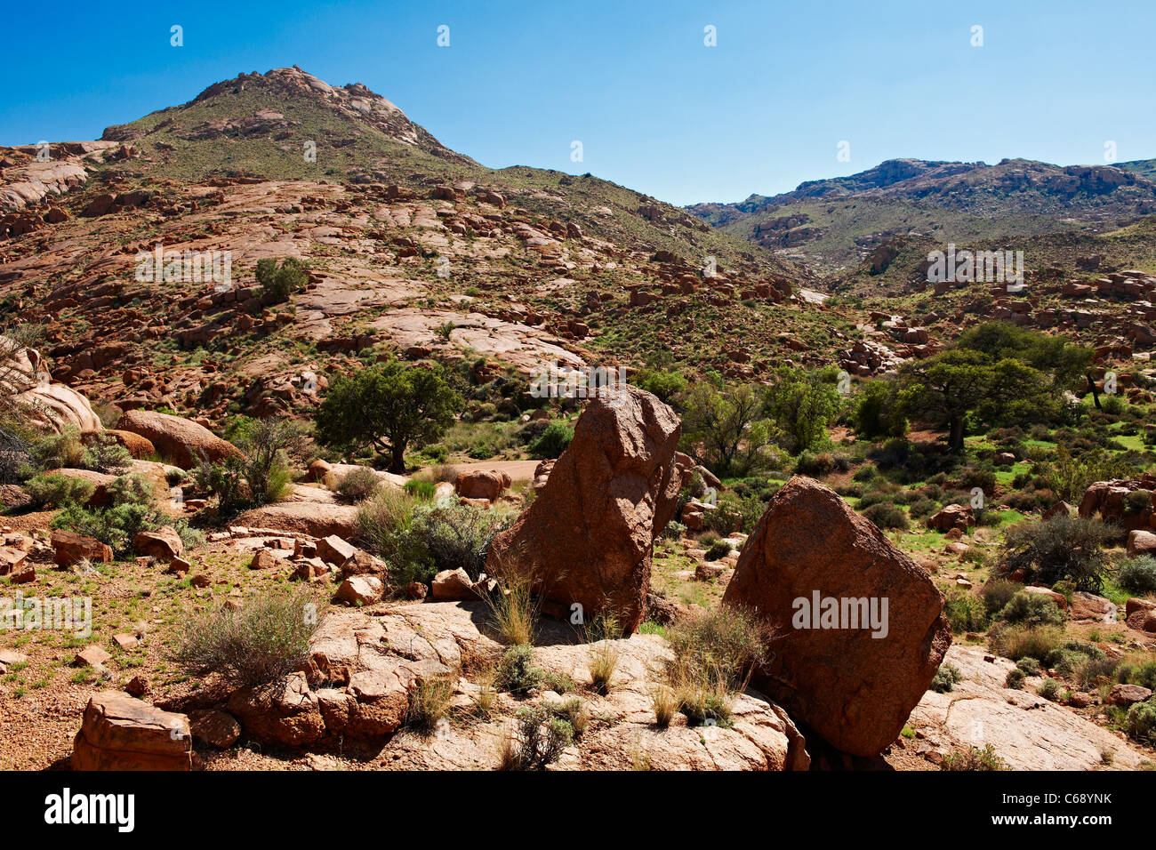 Paesaggio con montagne, rocce e verde valle presso l'azienda Namtib, Namibia, Africa Foto Stock