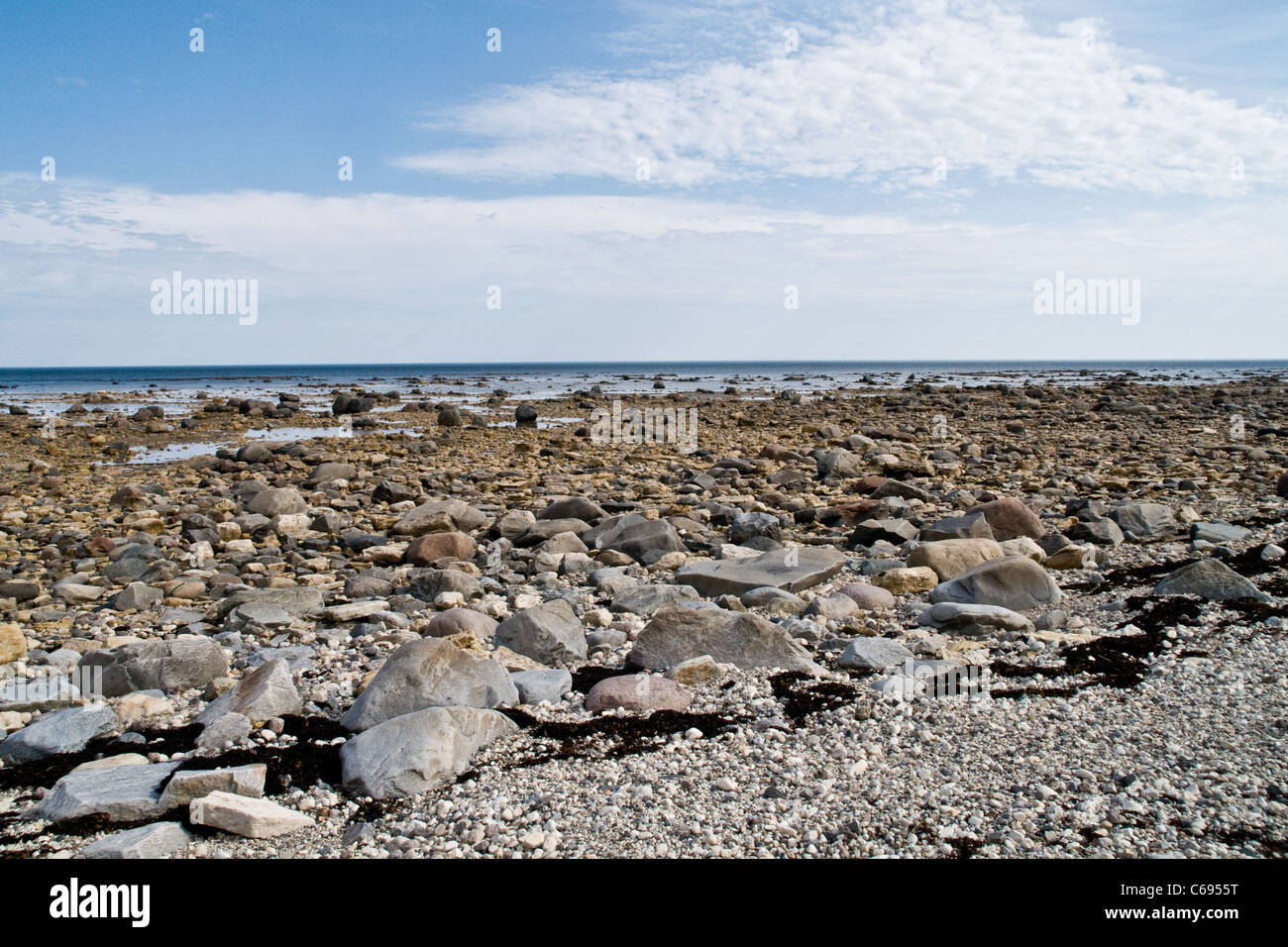 Le coste esposte sulla costa occidentale di Hudson Bay a bassa marea, Oceano Artico, vicino alla città di Churchill, Manitoba, Canada. Foto Stock